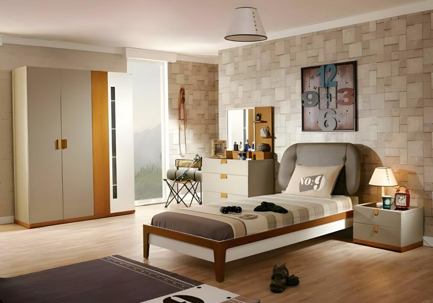 Grau Kinderzimmer-Set aus Holz mit Bett, Schrank und Schreibtisch