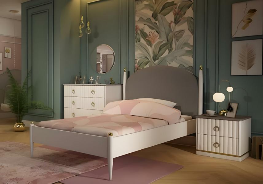 Weißes Kinderzimmer-Set aus Holz mit Bett, Schrank, Schreibtisch