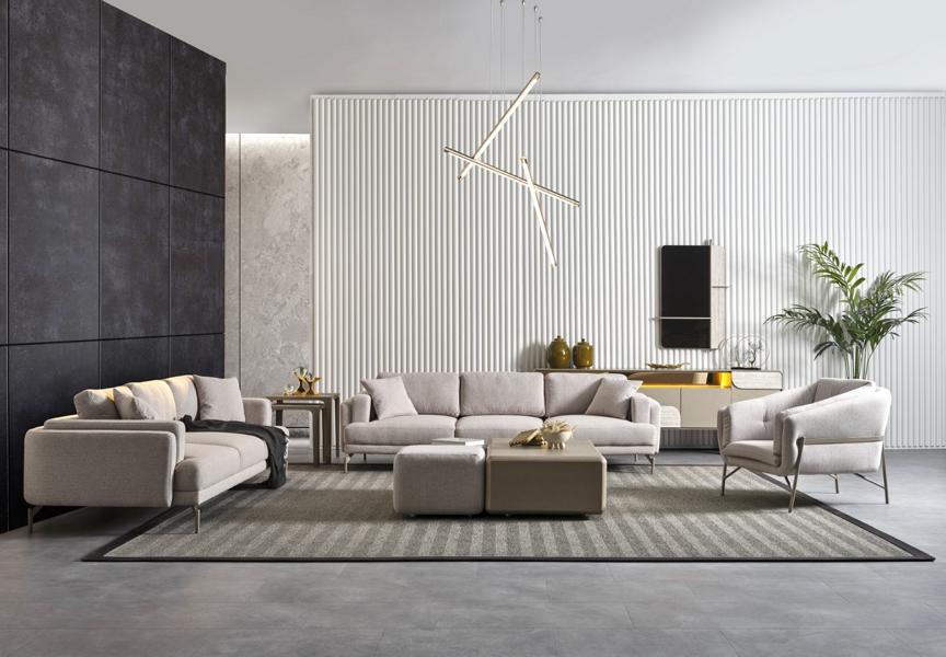 Modernes Wohnzimmer Set mit beigen Textilsofas, Couchtischen