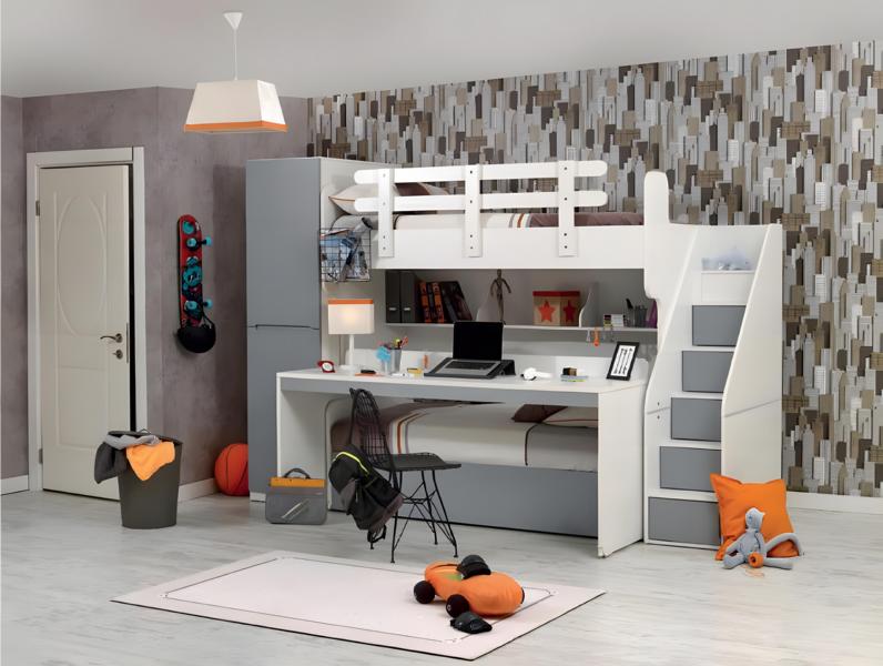 Kinderzimmer-Set Weiß aus Holz mit Etagenbett, Schreibtisch