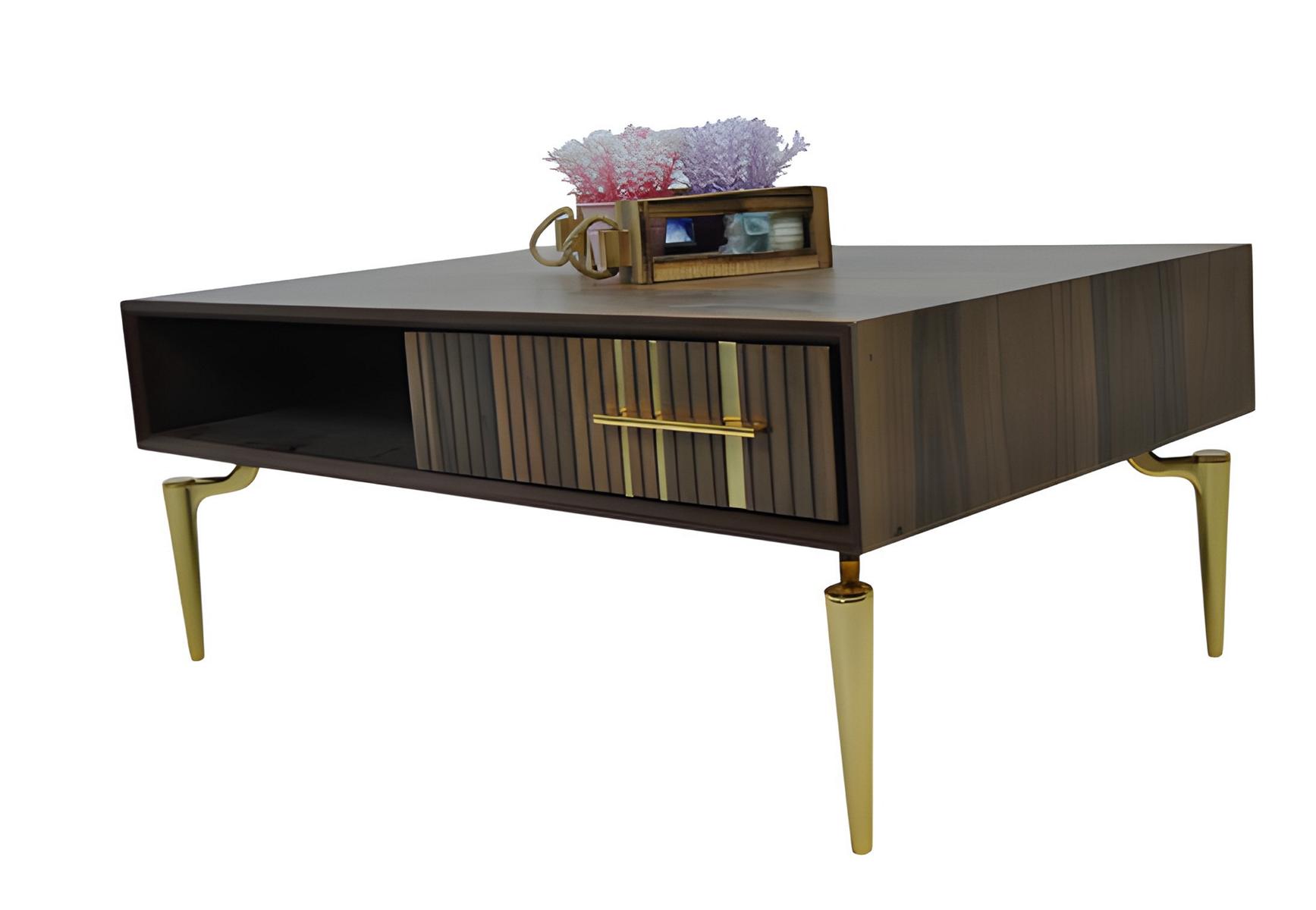 Stilvoller Couchtisch mit eleganten goldenen Beinen und Schublade