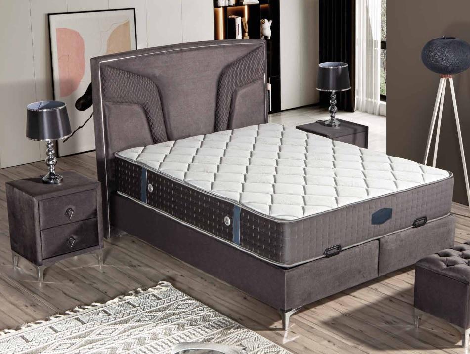 Elegantes schwarzes Bett mit Matratze aus Textil und Edelstahl