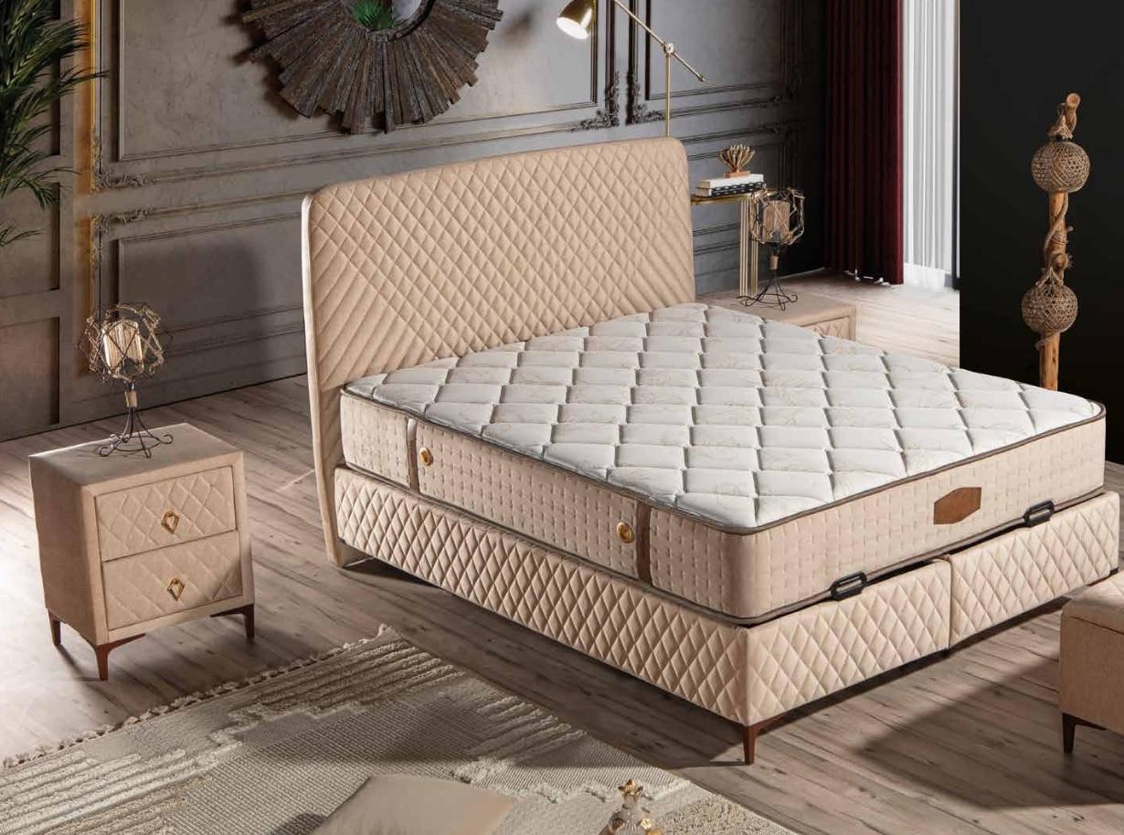 Beige Textil-Holz Bett mit Matratze modern und komfortabel