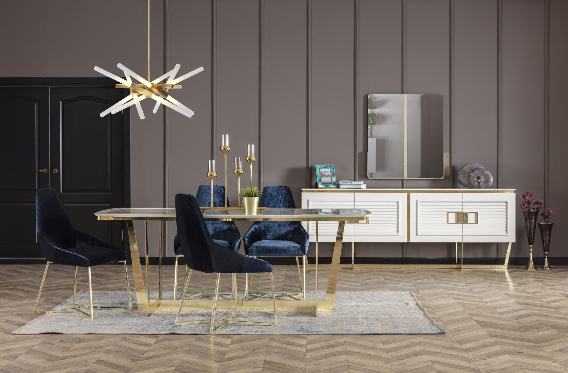 Elegantes weißes Esszimmer Set aus Holz und Glas mit Esstisch