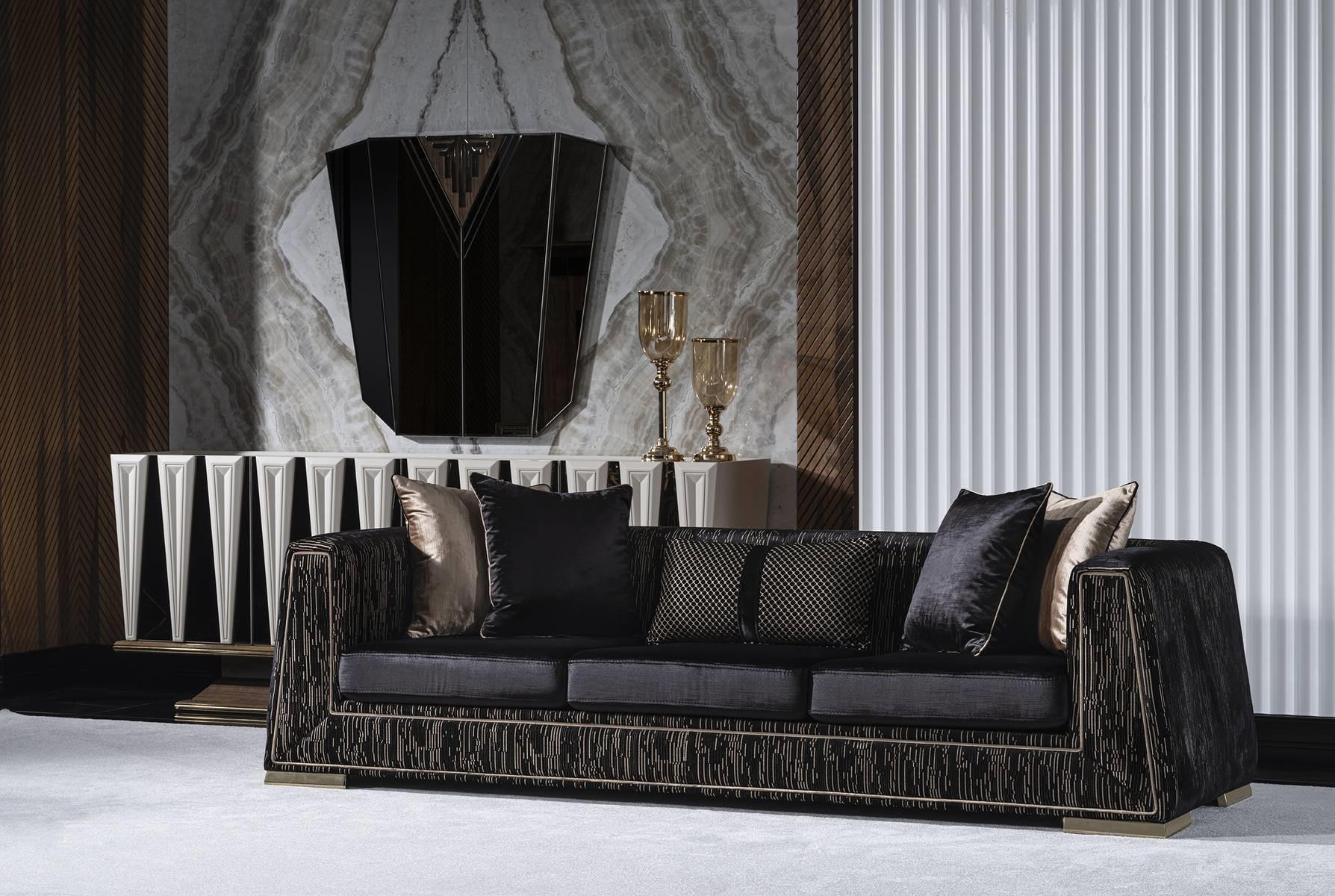 Elegantes schwarzes 4-Sitzer Sofa aus Textil mit Holzrahmen