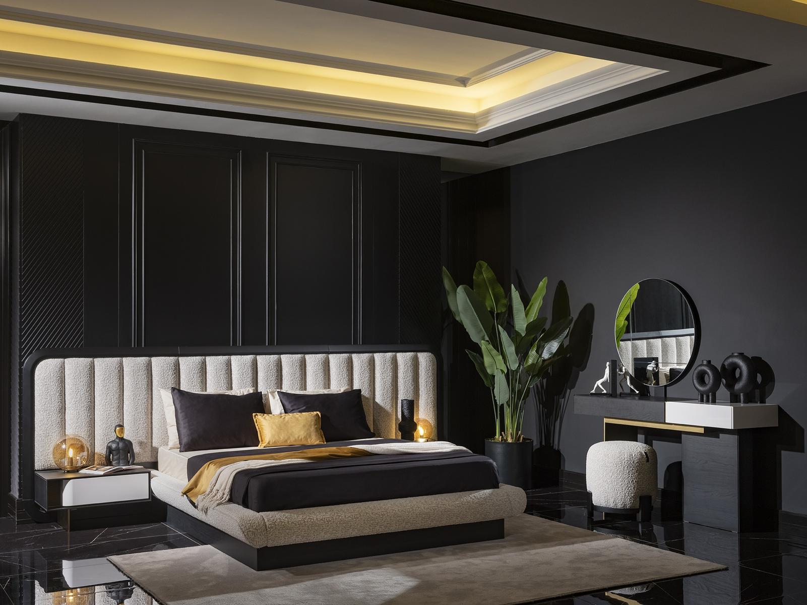 Elegantes schwarzes Holz-Möbelset für Schlafzimmer mit Bett