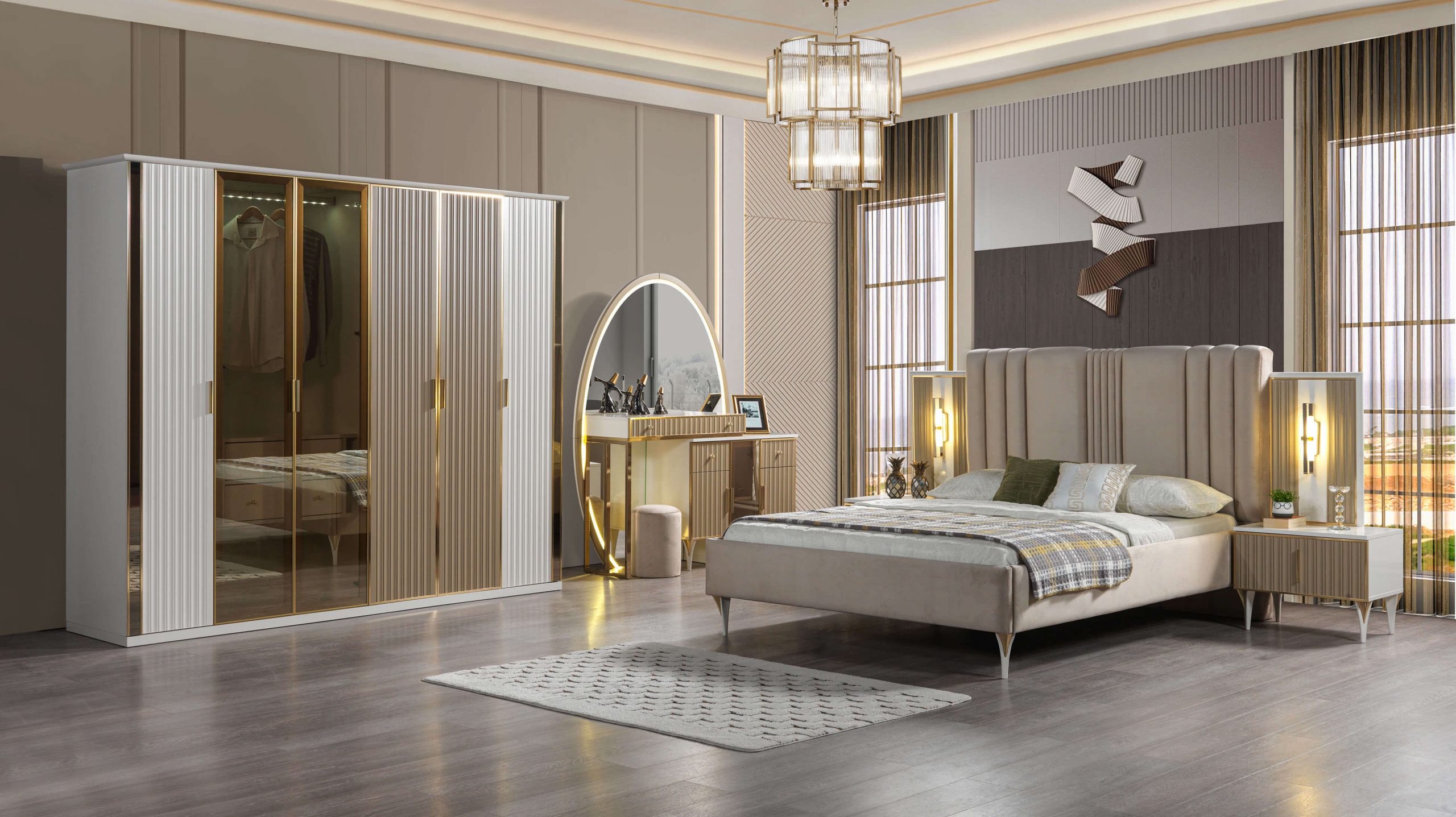 Bett mit Nachttischen Schlafzimmer Set 6-teilig modern