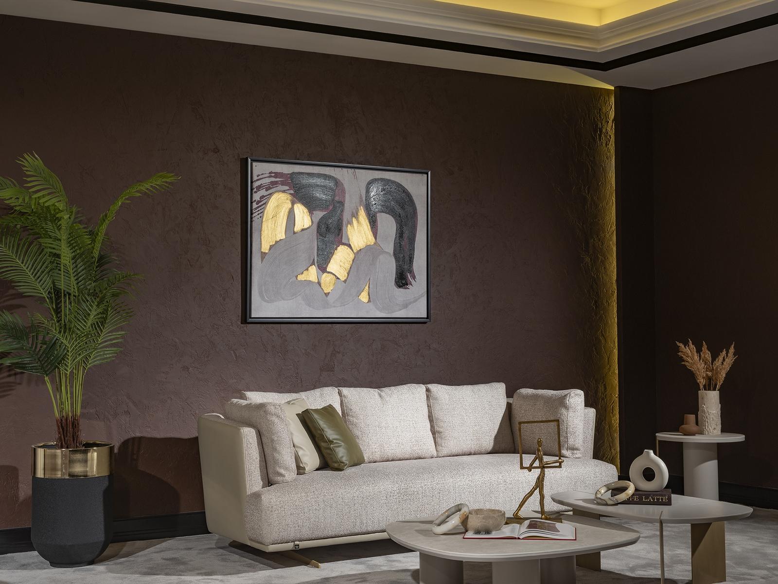 Moderner Beigefarbener 4-Sitzer Stoffsofa mit Holzrahmen