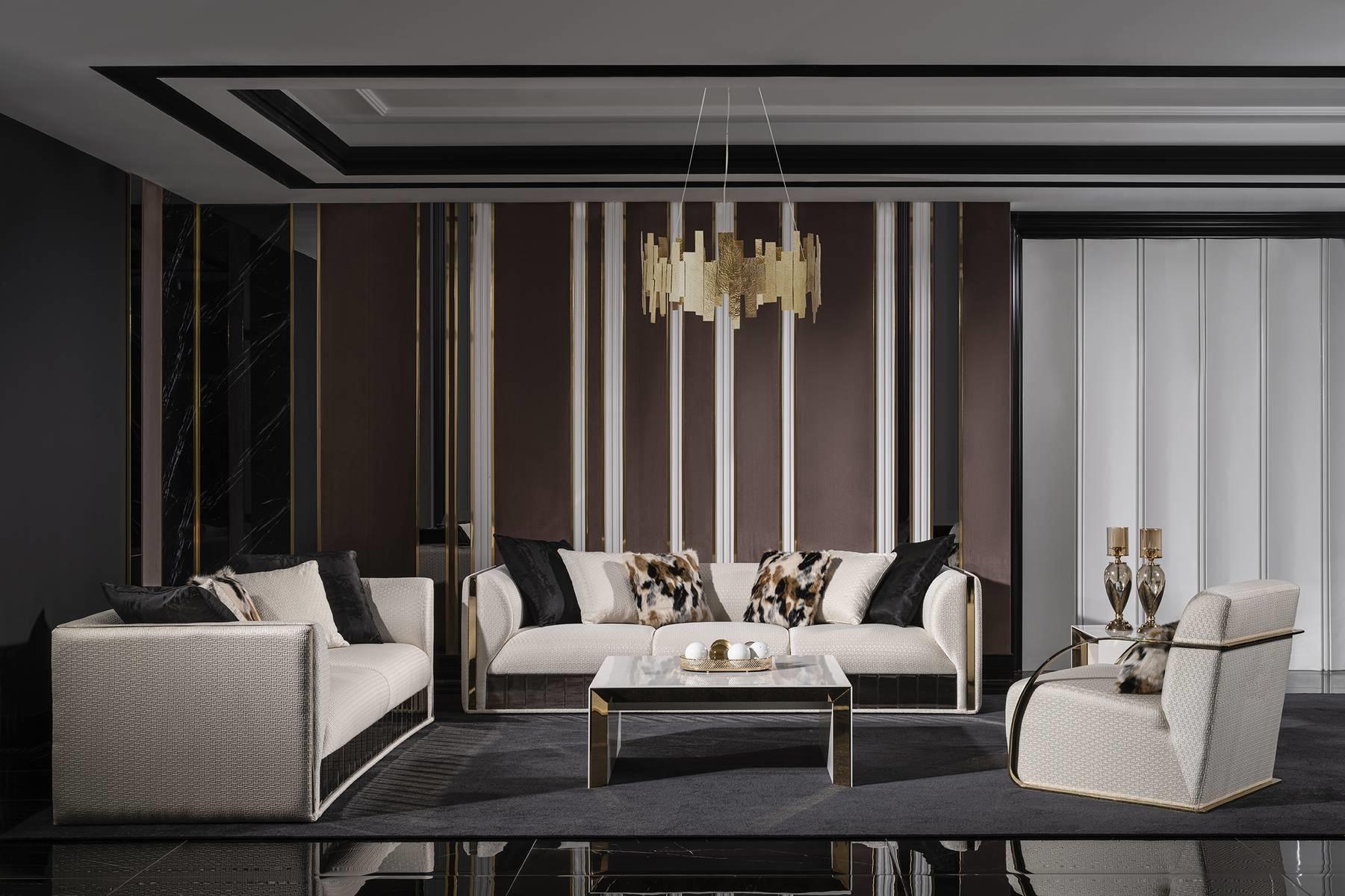 Modernes weißes Wohnzimmer Set aus Holz und Textil