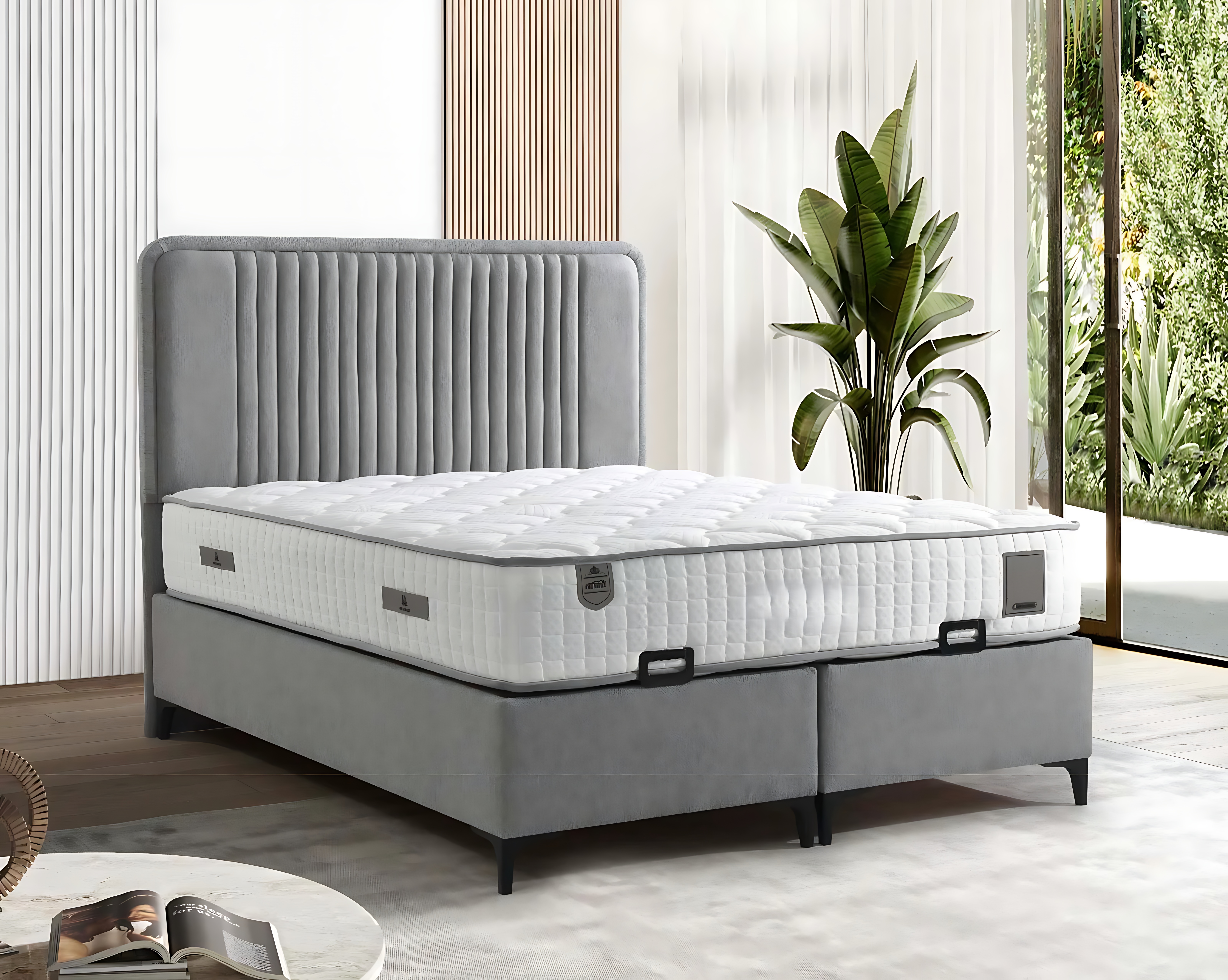 Elegantes graues Bett mit Matratze aus Textil und Holz
