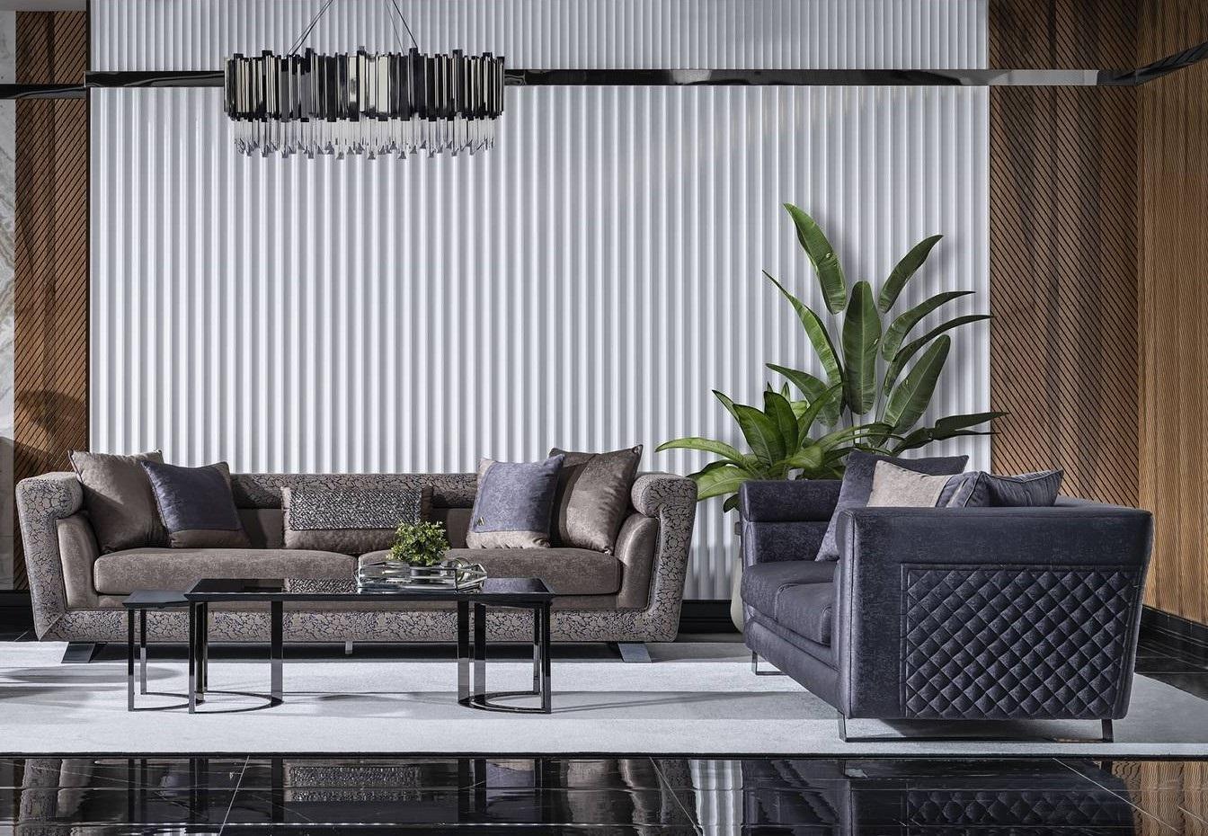 Grau Textilholz Wohnzimmer Set 2-teilig Modernes Sofa Ensemble