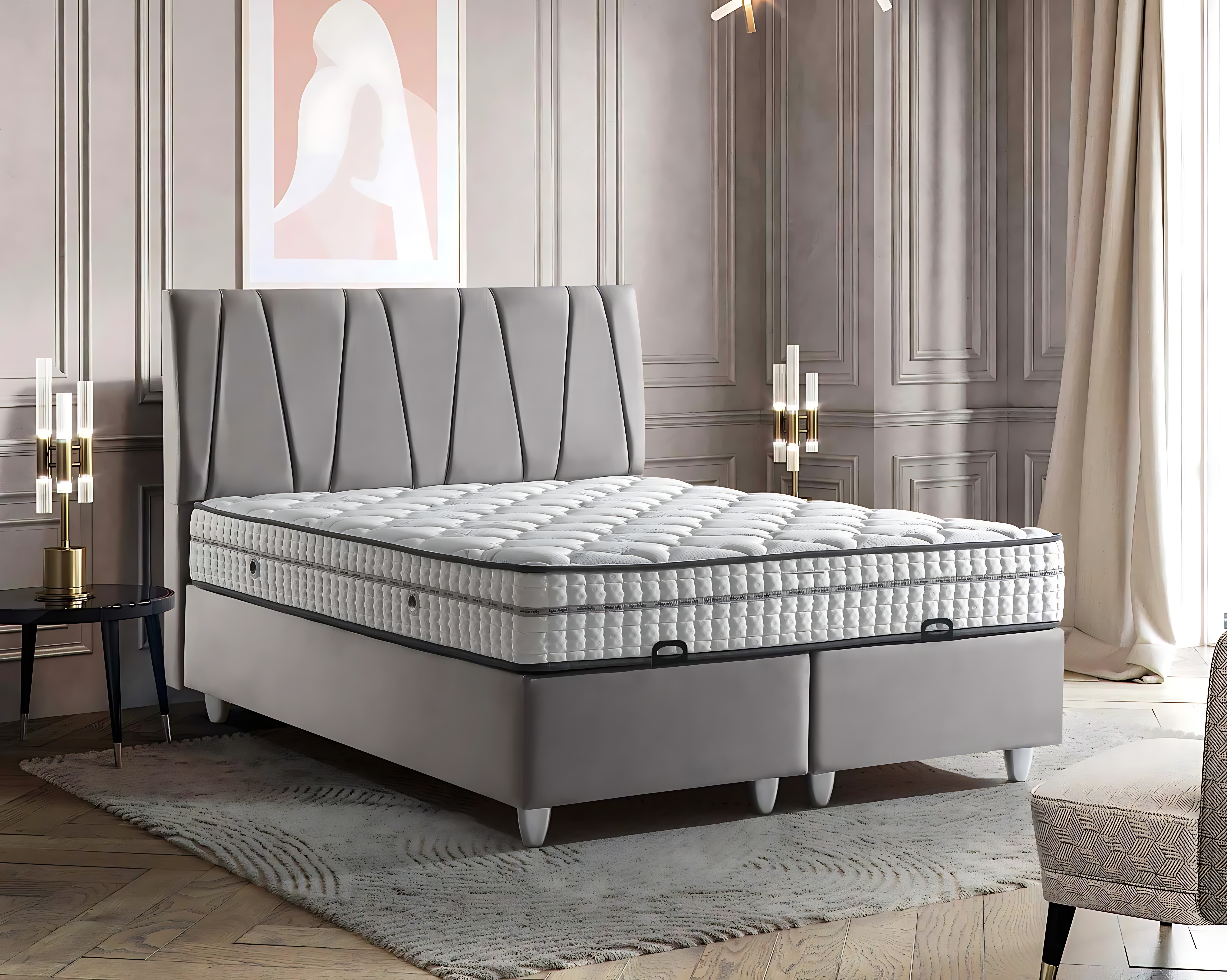 Elegantes graues Bett mit Matratze im modernen Stil
