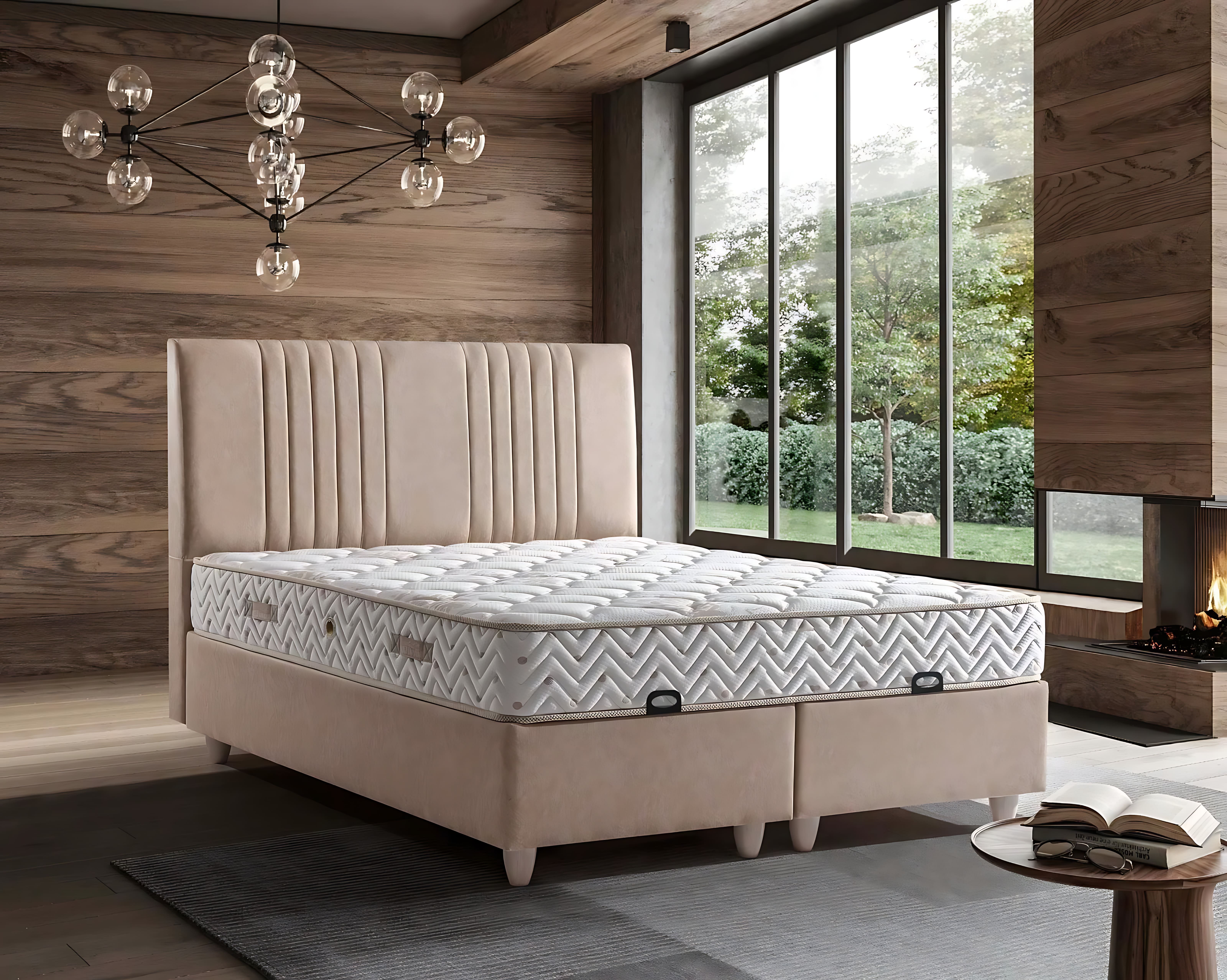 Elegantes Bett mit Matratze in Beige aus Textil und Holz