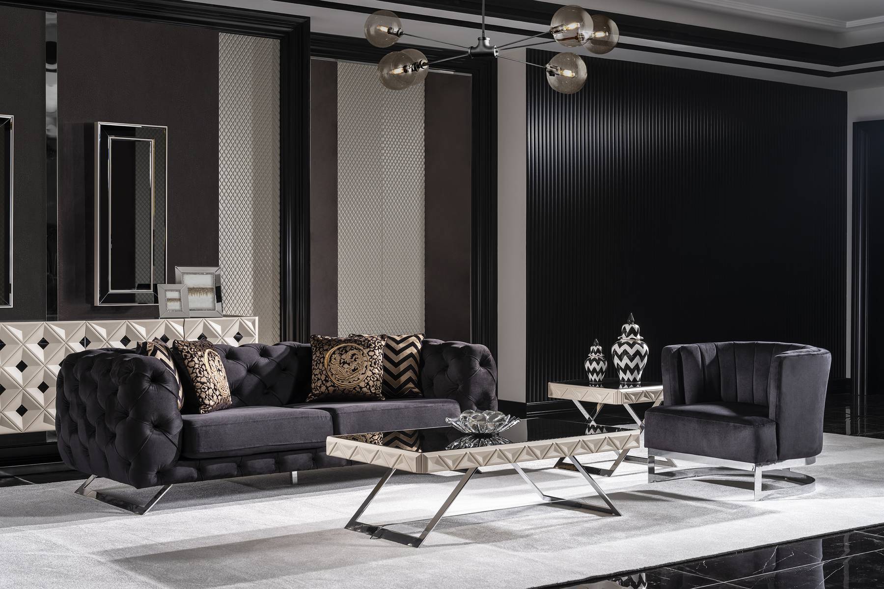 Schwarzes Holz-Textil 3-Sitzer Sofa modernes Design