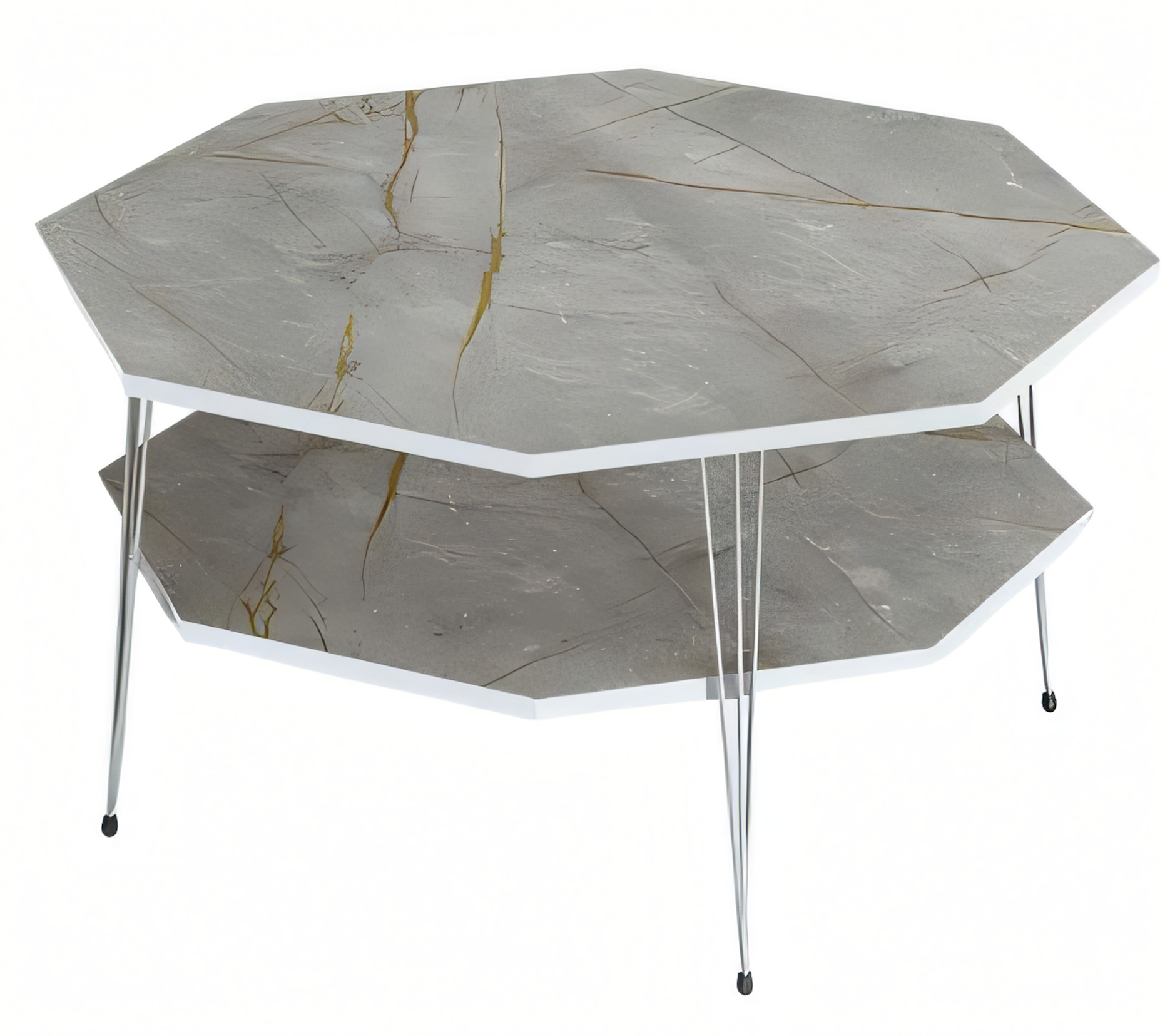 Moderner grauer Couchtisch aus Holz mit Edelstahlakzenten