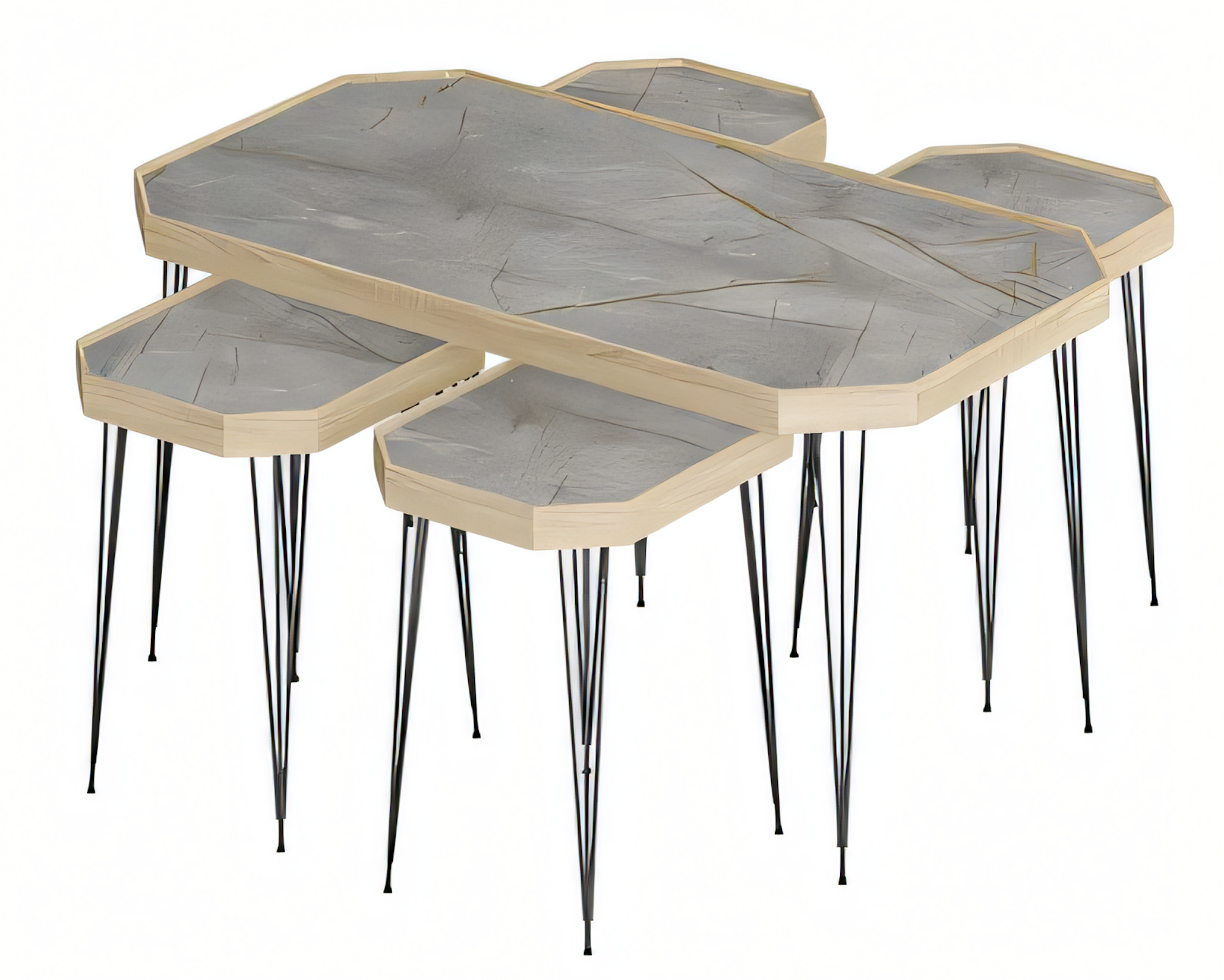 Eleganter grauer Holz-Couchtisch mit Beistelltischen im modernen Stil