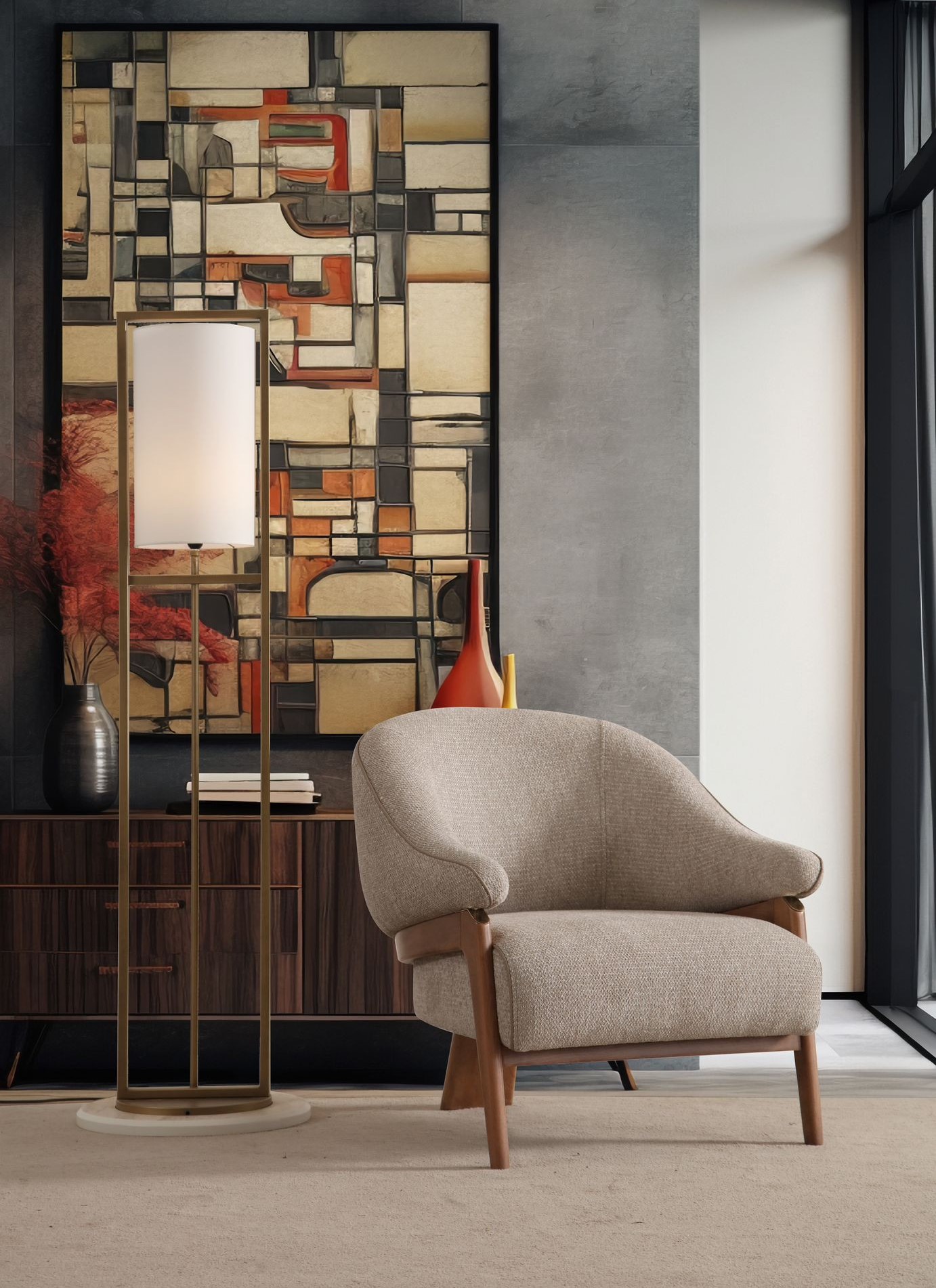 Beiger moderner Textil-Sessel aus Holz für Wohnzimmer