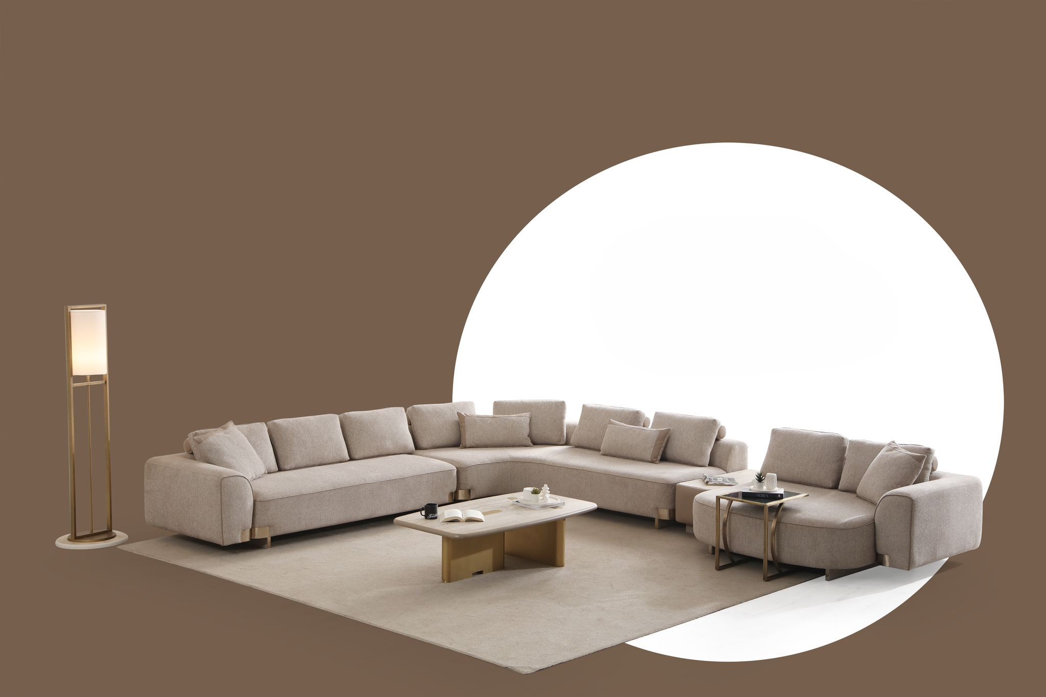 Elegantes Beige U-Form Ecksofa aus Textil und Holz