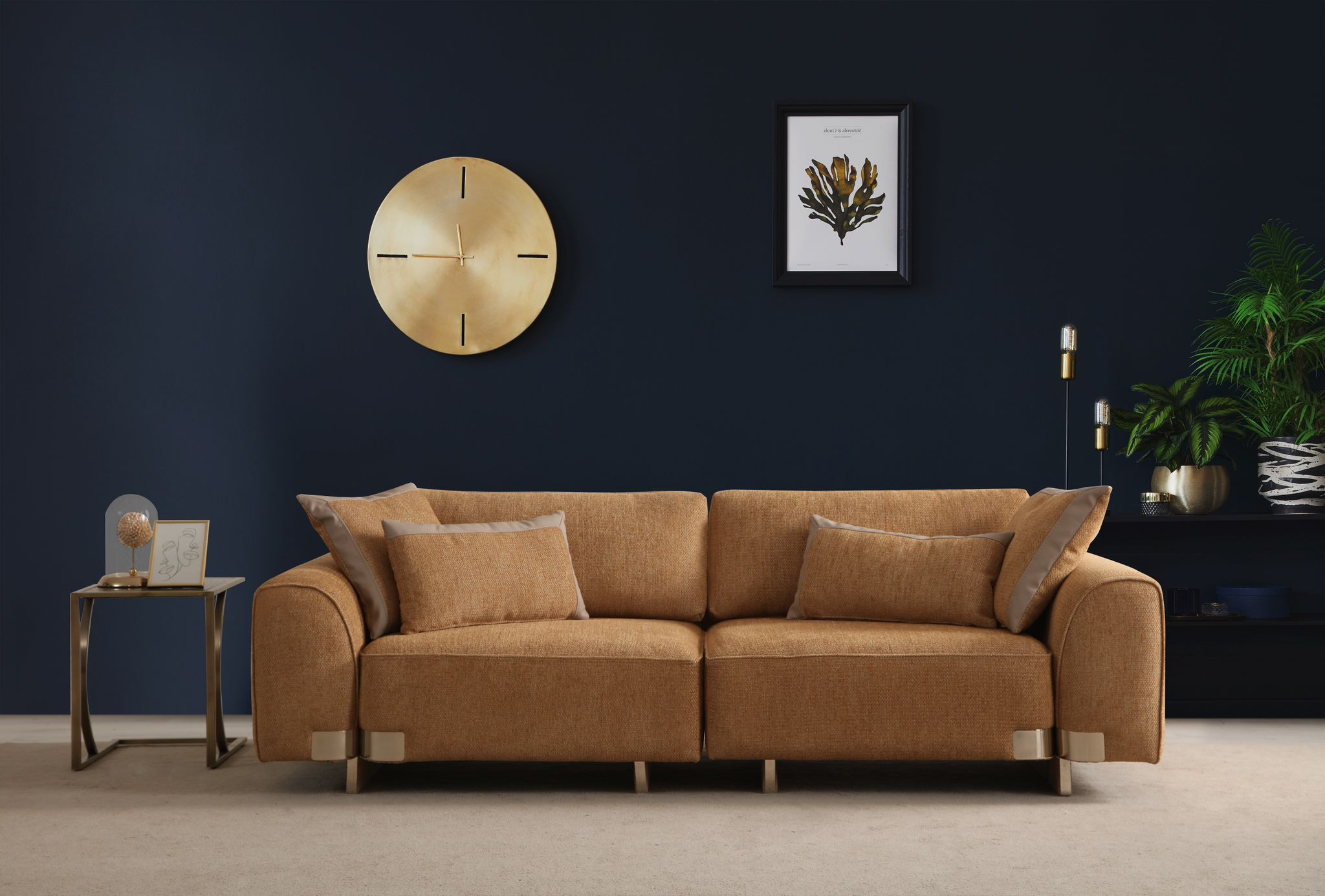 Elegantes braunes Textilsofa mit Holzrahmen für modernes Wohnzimmer