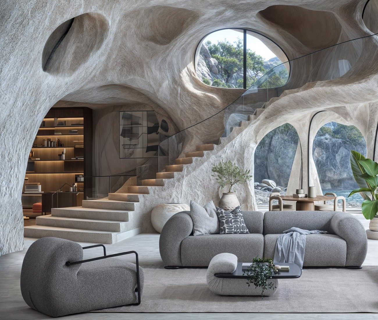 Elegantes Wohnzimmer Set aus Holz und Textil in Grau