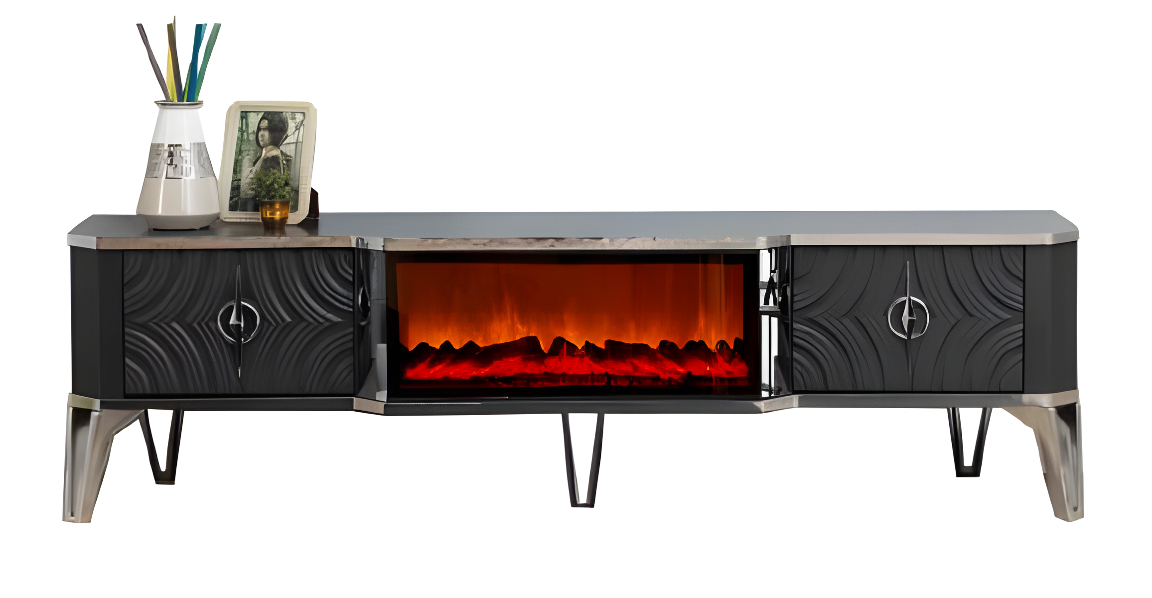 Stylischer grauer TV-Schrank mit Kamin und realistischen Flammen