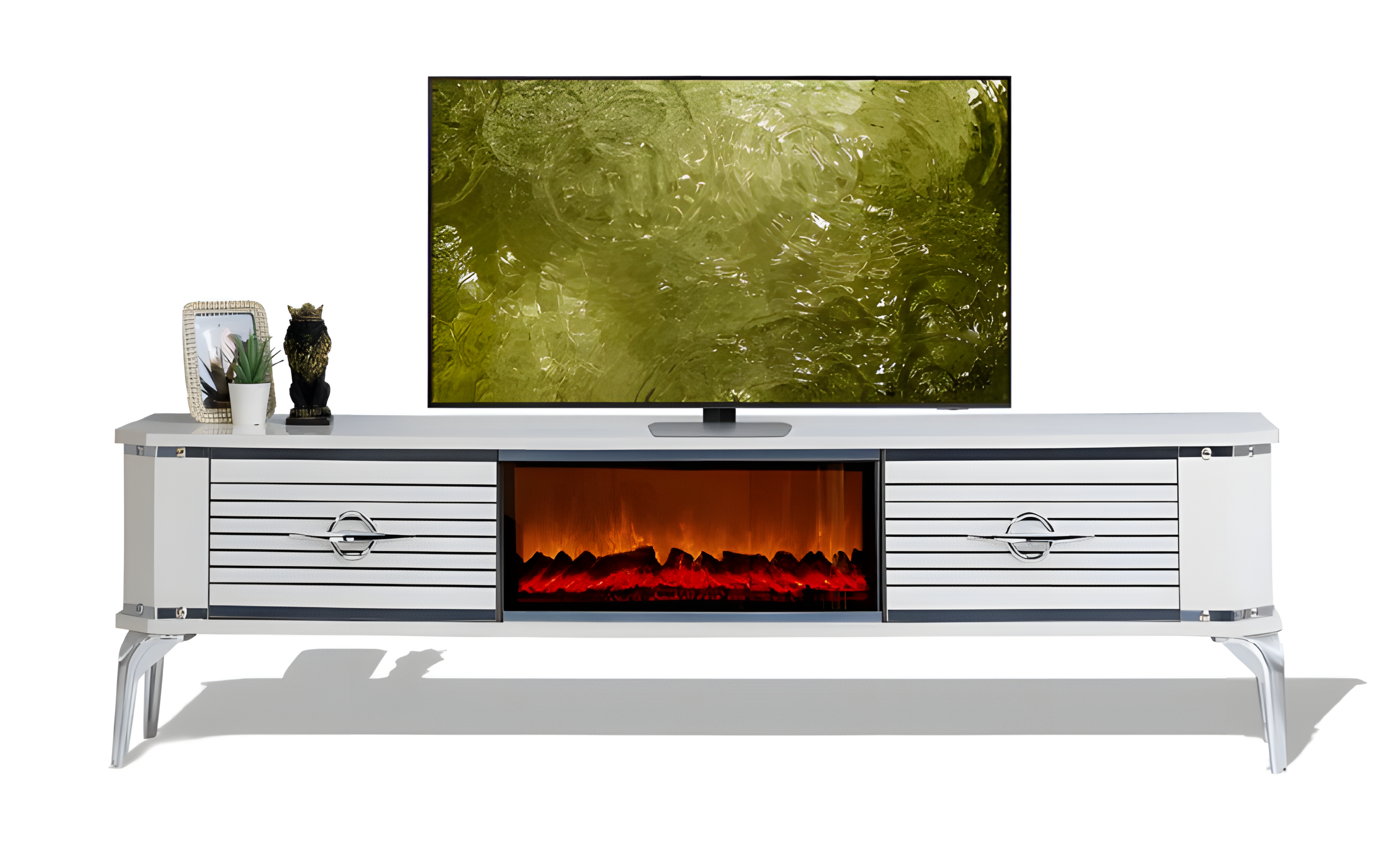 Multifunktionaler TV-Schrank mit Kamin und zwei Schubladen mit Metallgriffen