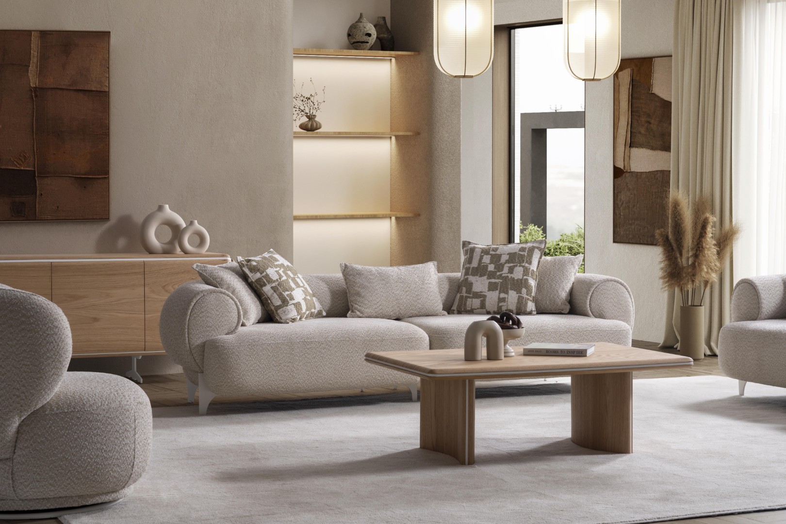 Beige Wohnzimmer Set aus Holz mit Sofa und Couchtisch modern