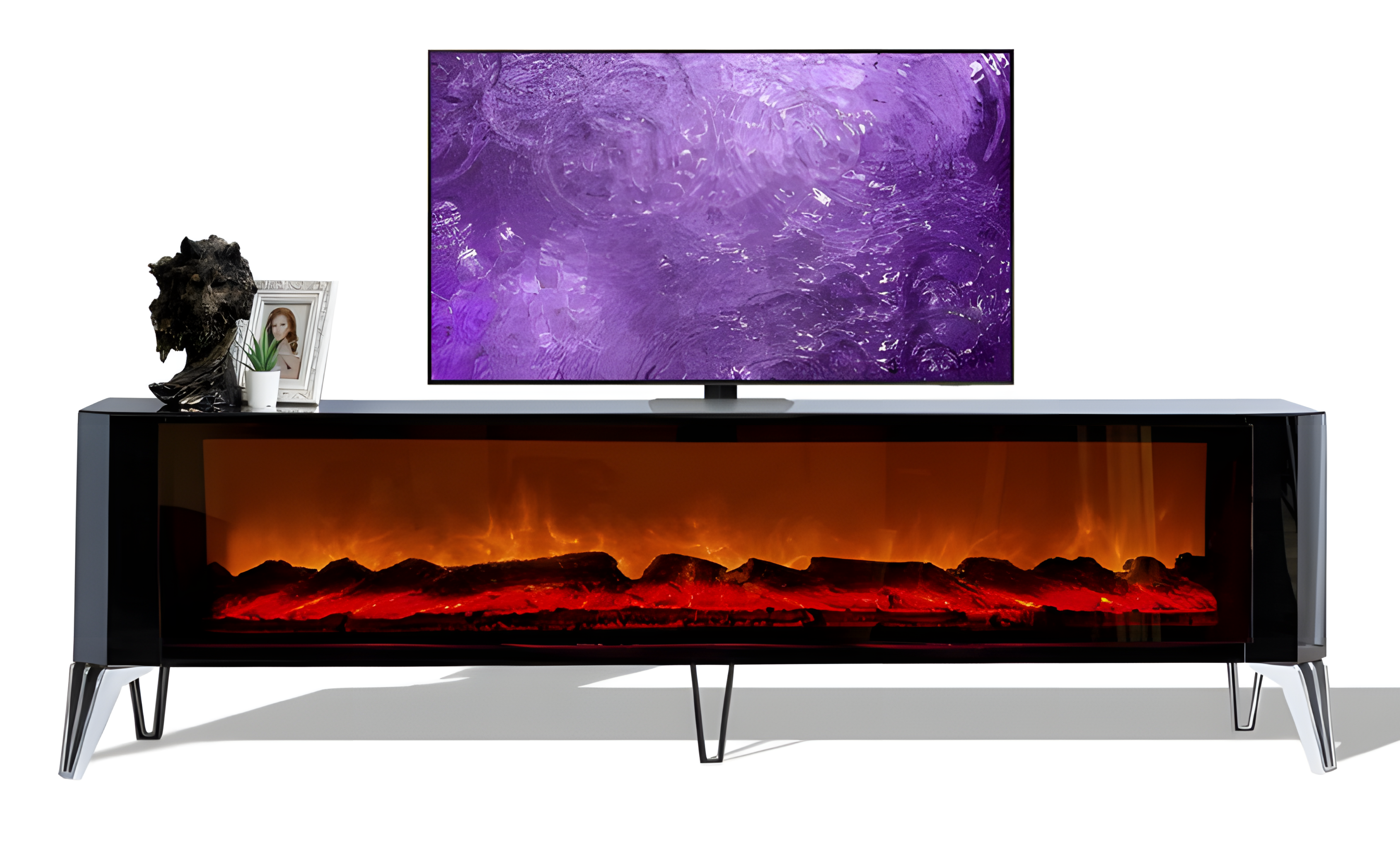 Luxuriöser TV-Schrank: Glasfronten, Beine aus Hartkunststoff  und Elektrokamin