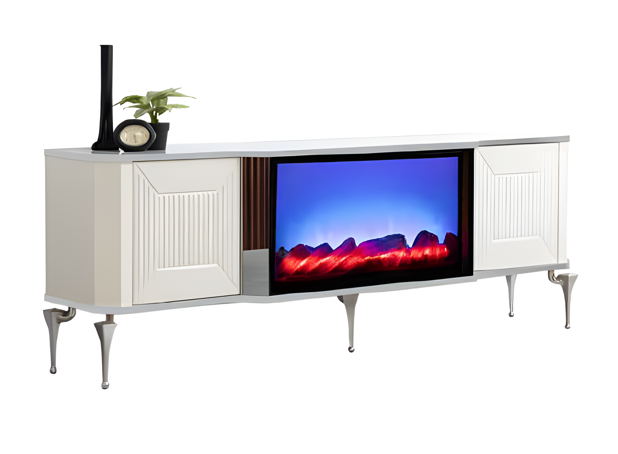 Stylischer TV-Lowboard mit Elektrokamin, Bluetooth-Sound und Fernbedienung