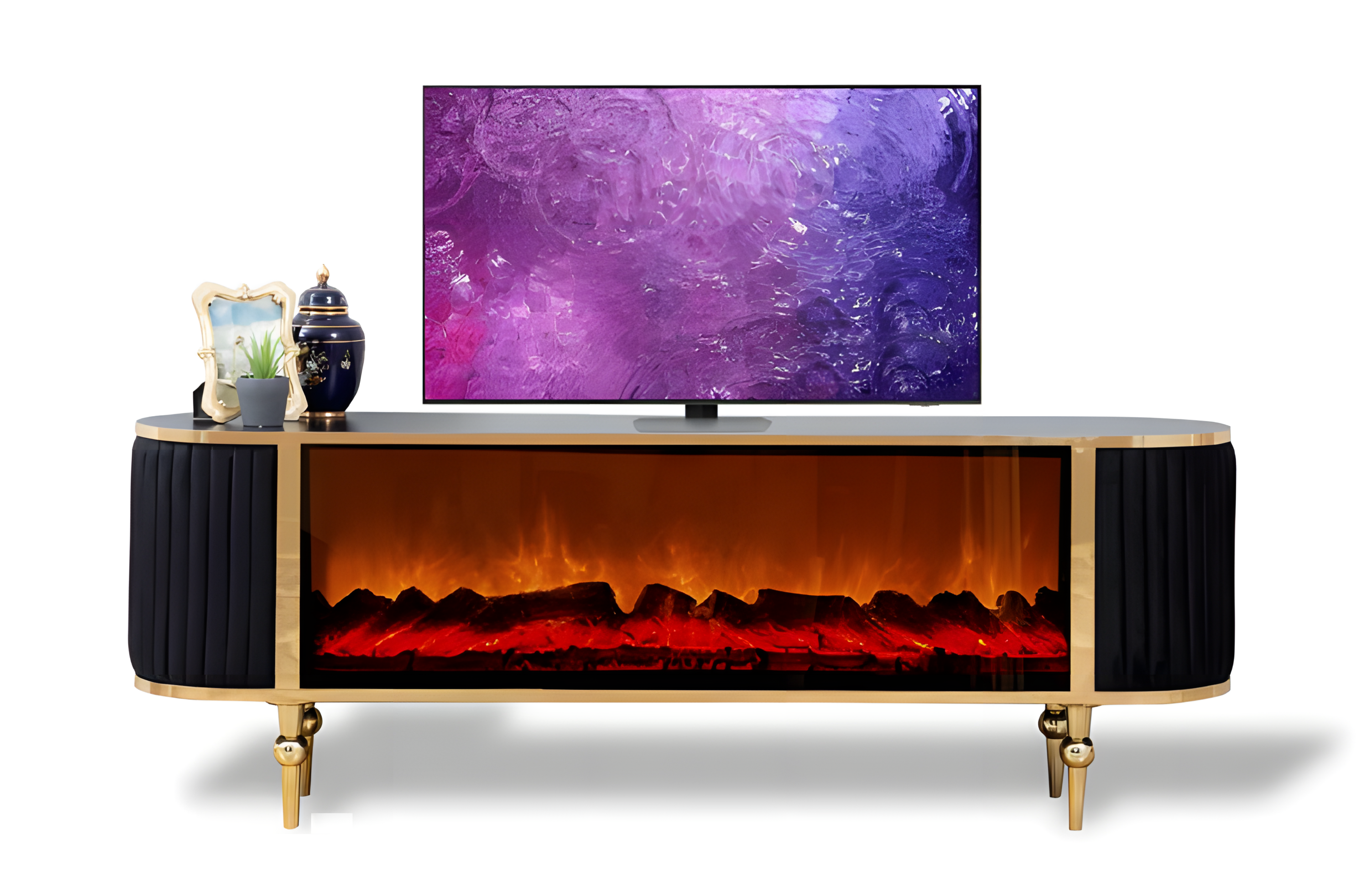 Kunstvoller TV-Schrank mit Kamineffekt LED-Beleuchtung dekorativen Stoffseiten