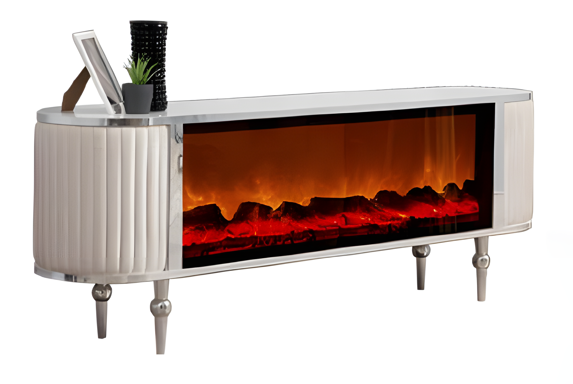 Exklusiver TV-Schrank mit LED, Kamineffekt und edlen Stoffbesätzen