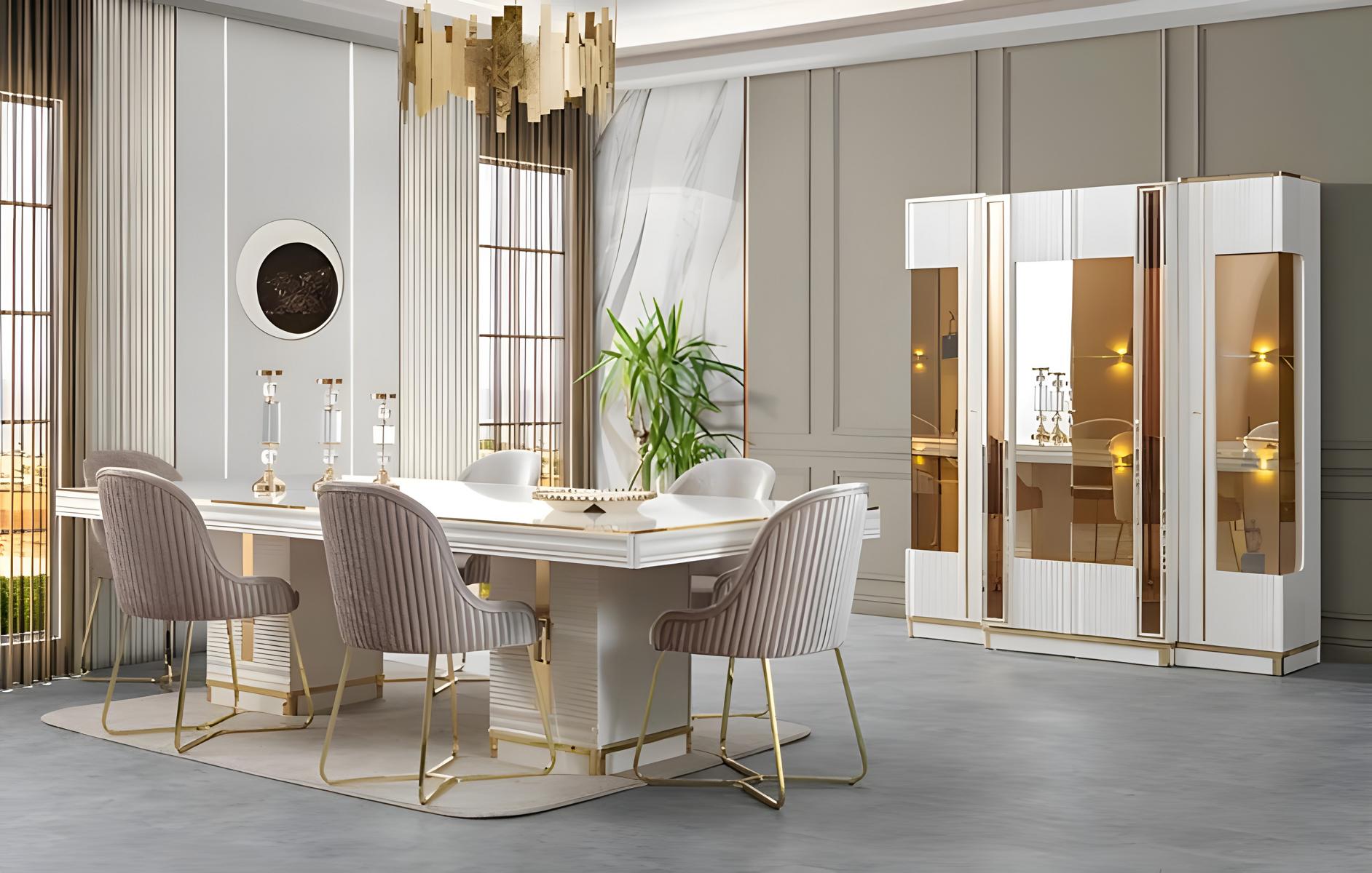 Exklusives Esszimmer Set mit Esstisch 4 Stühle und Designer Vitrine