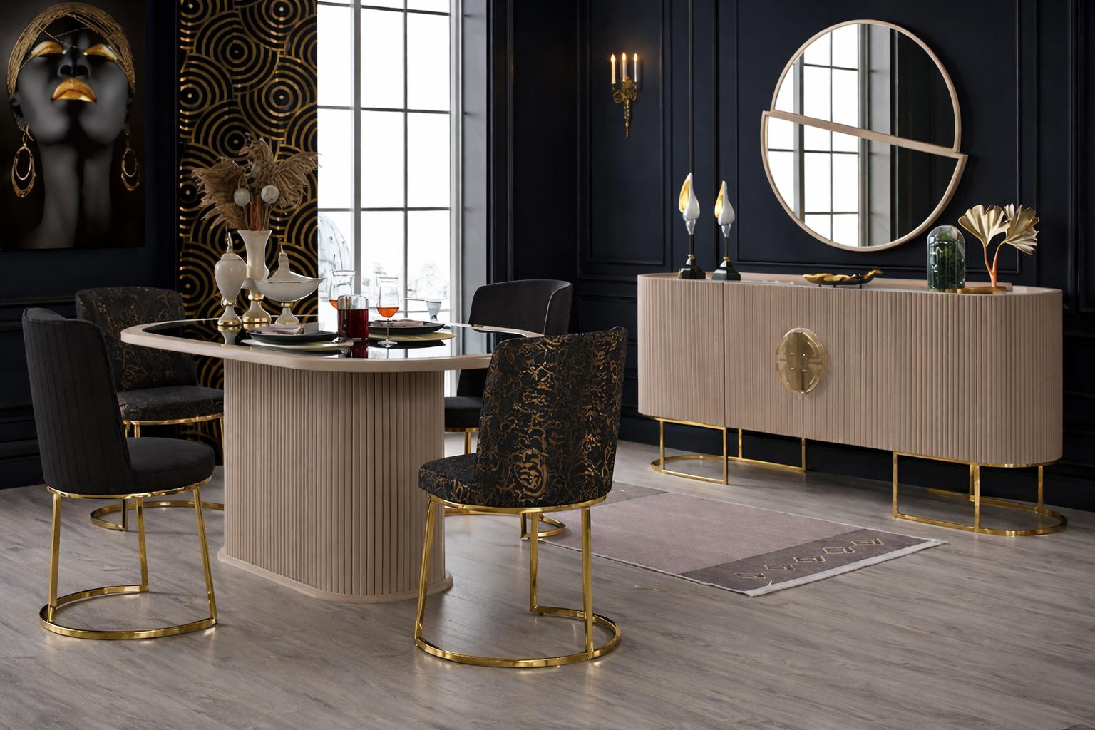 Elegantes Esszimmer Set mit Esstisch 4 Stühlen Sideboard und Spiegel