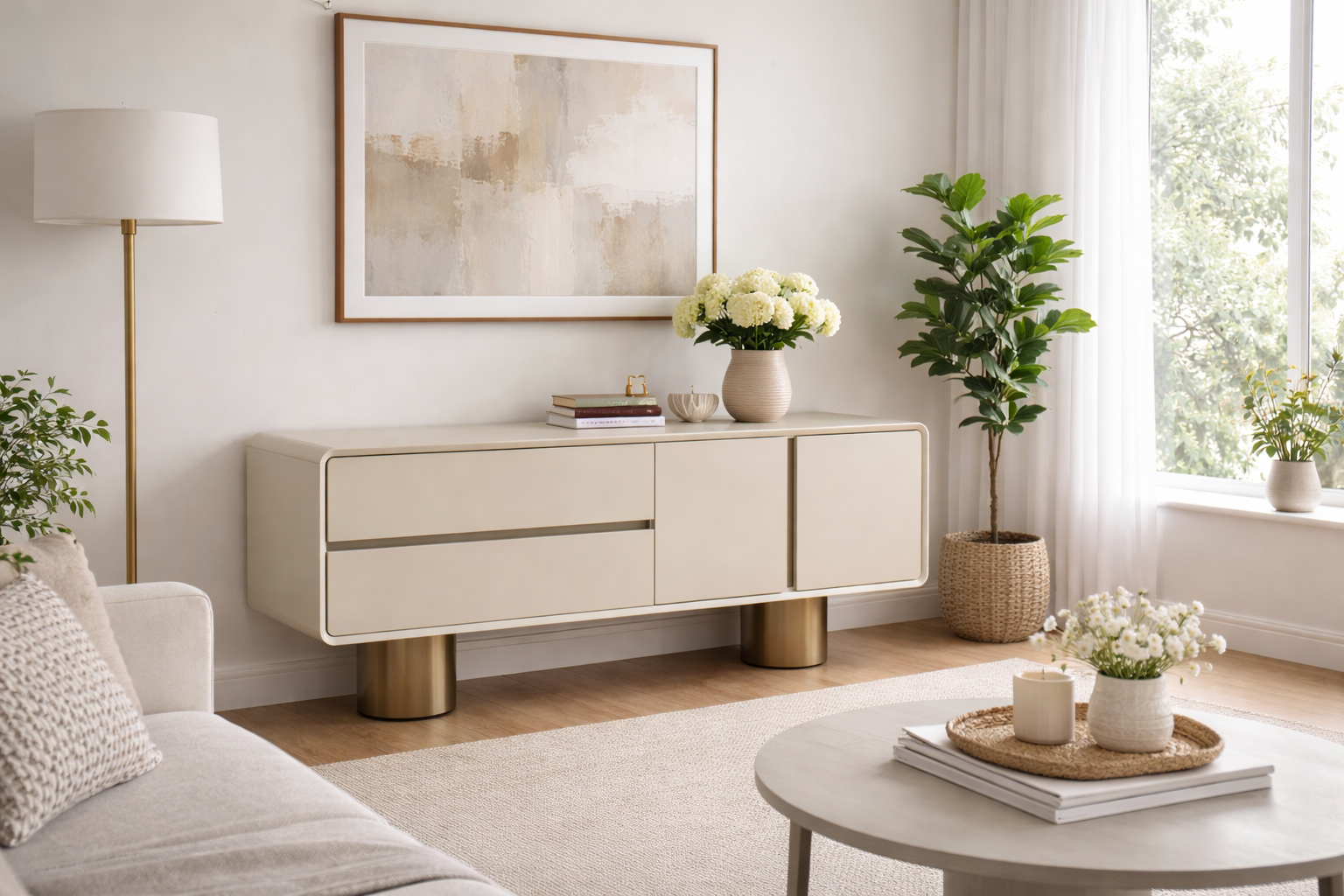 Elegantes Beiges Sideobard Designer Wohnzimmer Kommode Edle Anrichte
