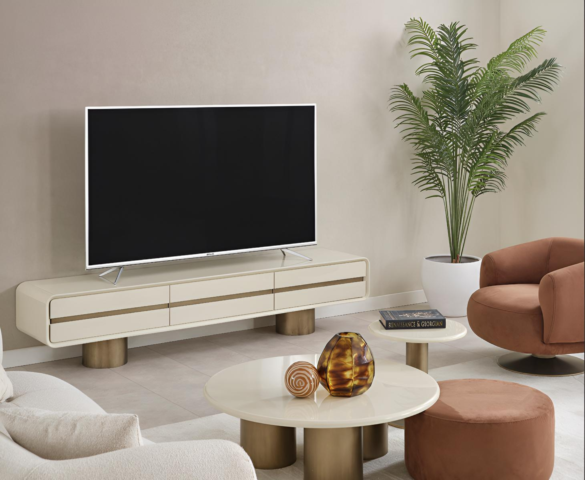 Wohnzimmer Beiges Möbelset Designer Lowboard Polstersessel Beistelltisch