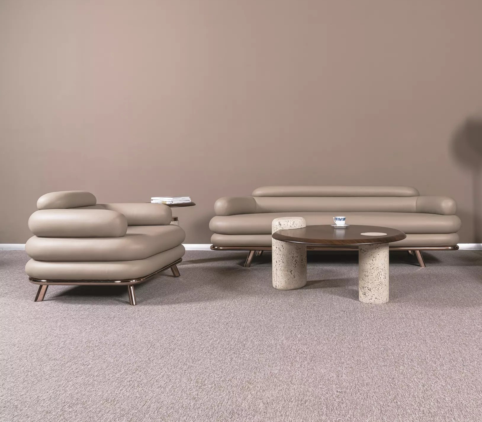 Moderne Beige Sofagarnitur Ledercouchen Couchtisch Sessel 4tlg