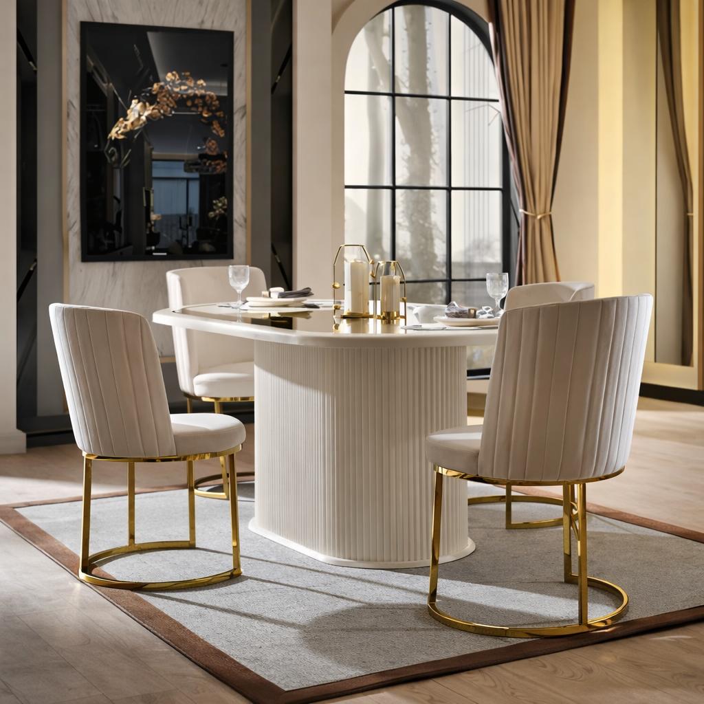 Luxuriöses Esszimmer Set mit ovalem Tisch und vier eleganten Stühlen