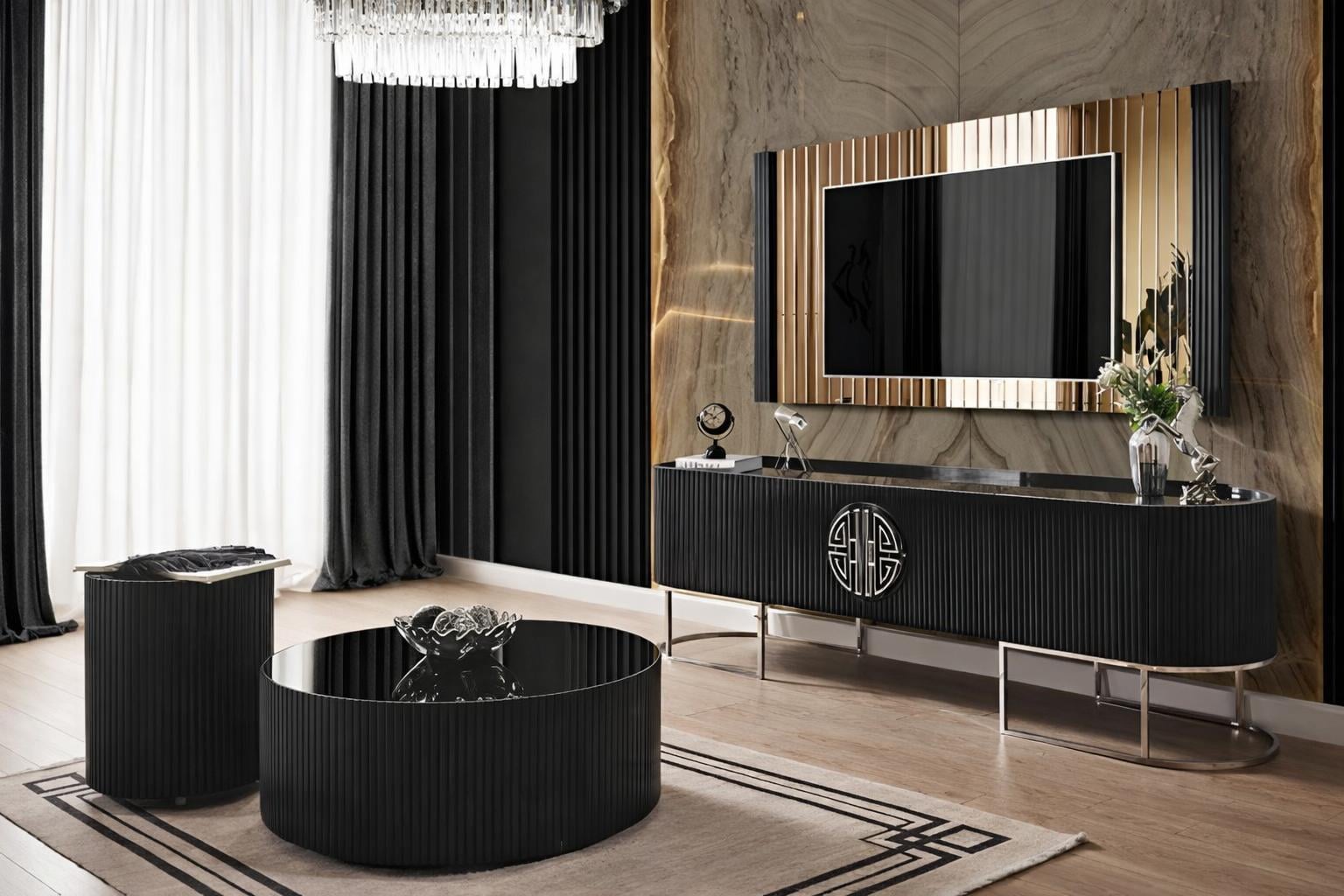 Elegantes Wohnset mit TV-Einheit und modernen Akzenten in Schwarz