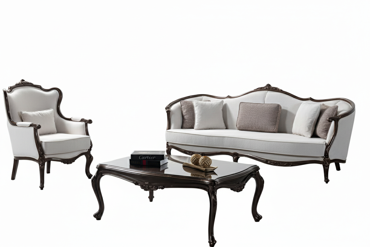 Wohnzimmer-Set 3-Sitzer-Sofa Couchtisch Sessel Klassischer Stil Weiß