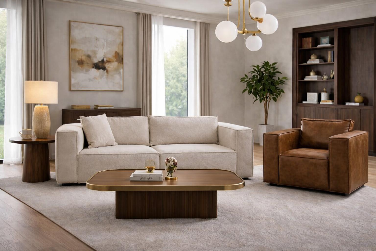 Stilvoller Beiger 3-Sitzer Brauner Ledersessel Wohnzimmer 2tlg Set