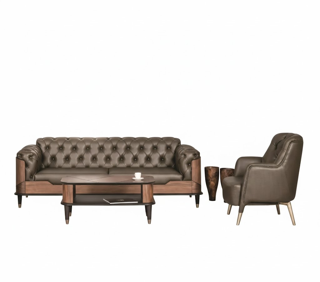 Elegante Braune Ledergarnitur Designer Sofa Sessel Couchtisch