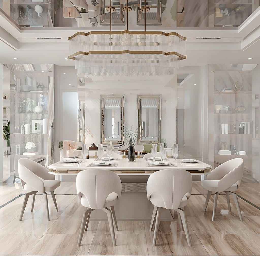 Esszimmer Set mit Esstisch Stühlen und goldenen Dekorationen