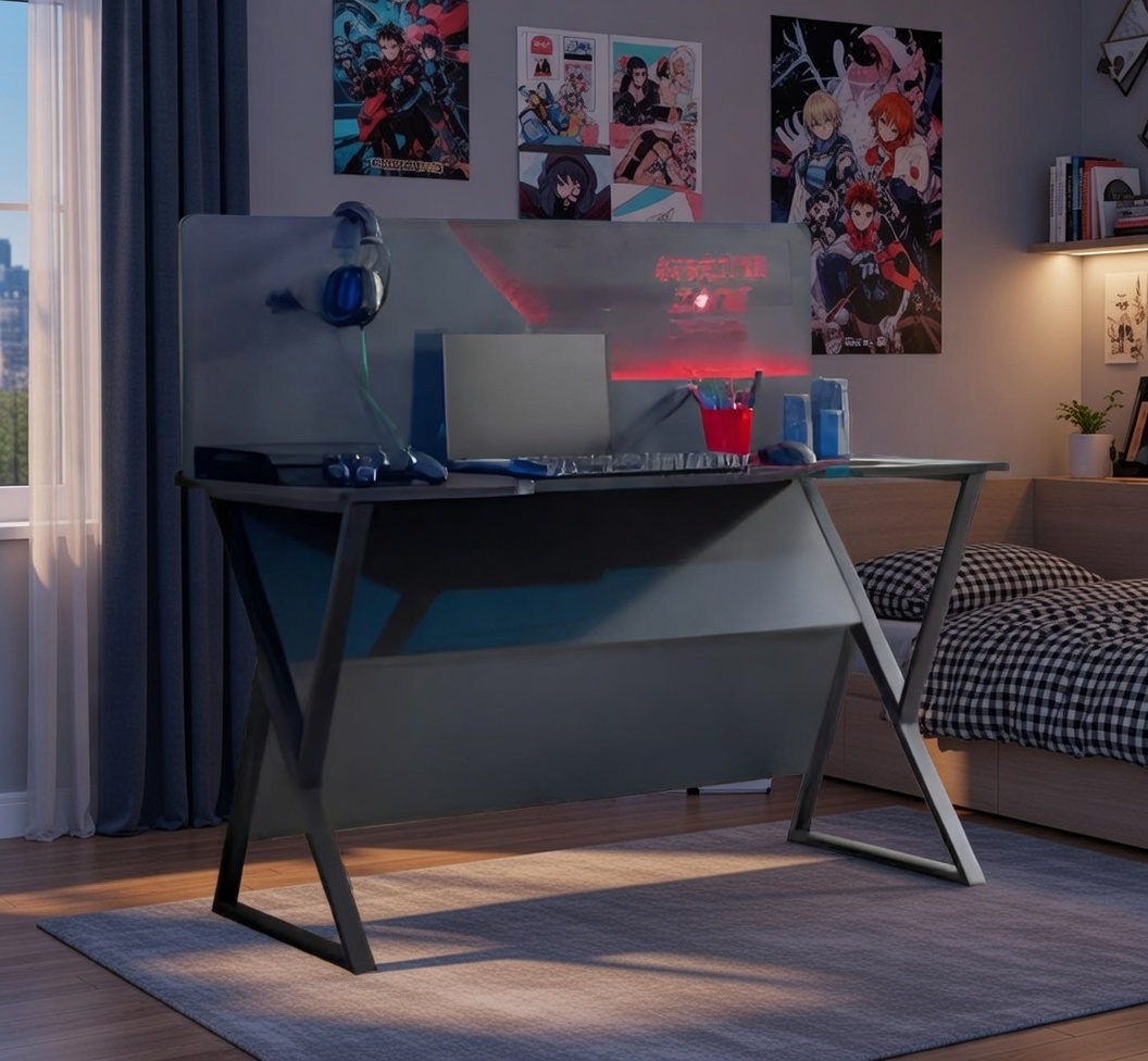Moderner Schreibtisch mit Metallgestell und LED-Lichtern