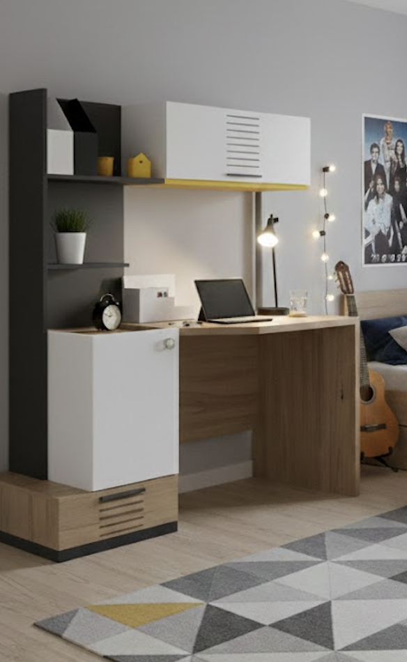 Moderner Schreibtisch mit Holz-Akzenten und Ablageflächen