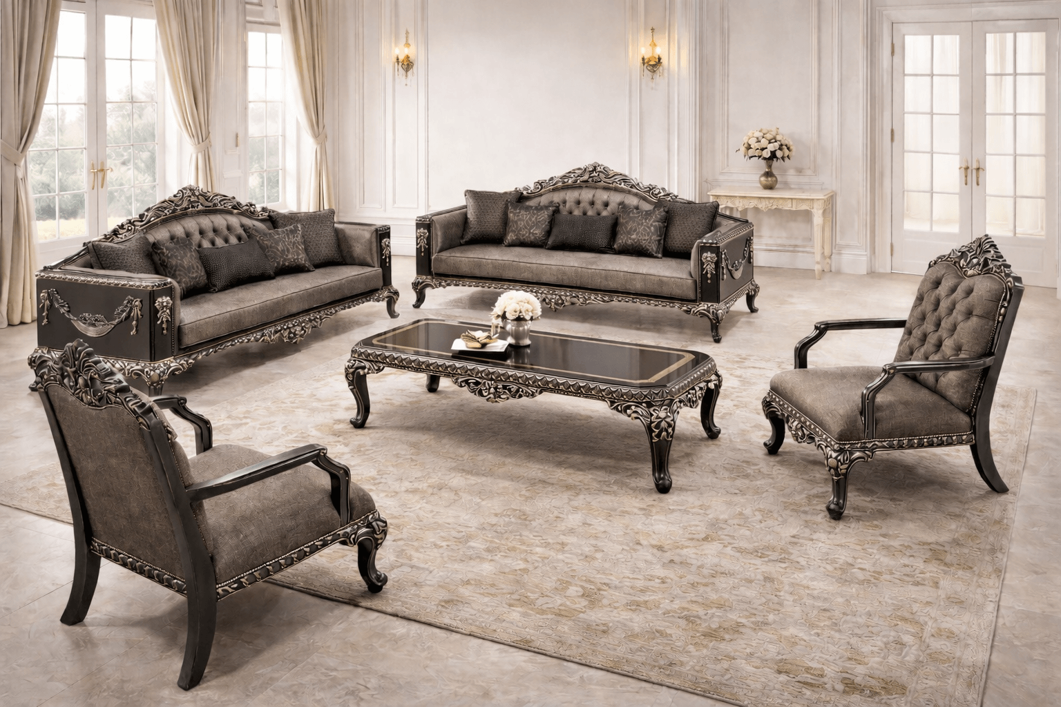 Klassisches Wohnzimmer Set mit 3+3+1+1-Sitzern und passendem Couchtisch