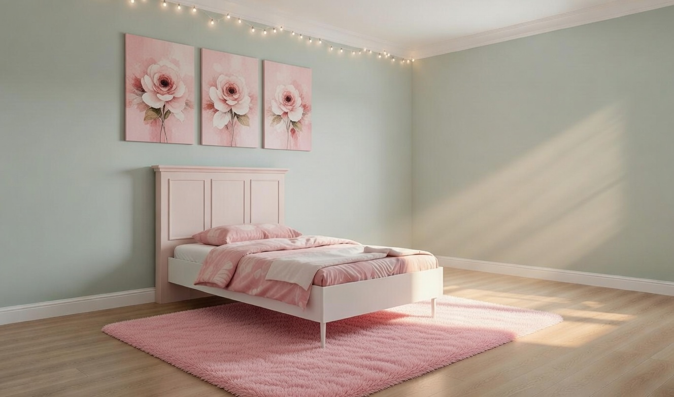 Bett in Rosa und Weiß mit hochwertigem Holzrahmen für Schlafzimmer