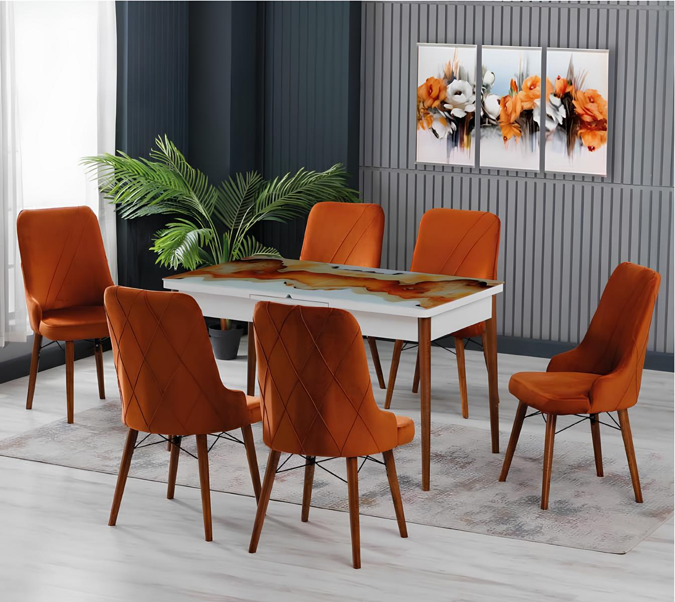 Esszimmer Essgruppen Esstisch Stühle Orange Mehrfarbig Rechteckig