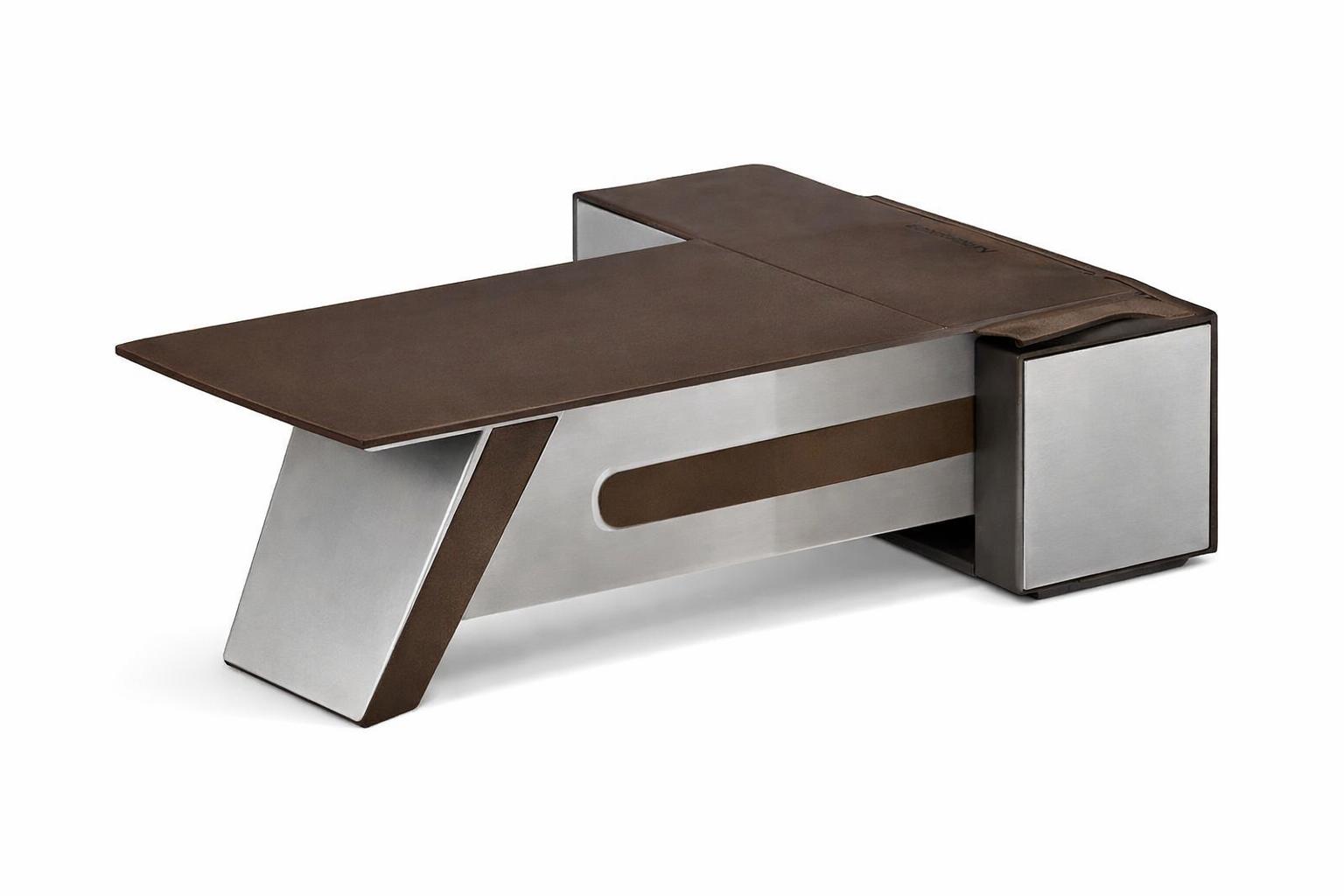 Moderner Schreibtisch aus Holz und Edelstahl mit minimalistischer Form
