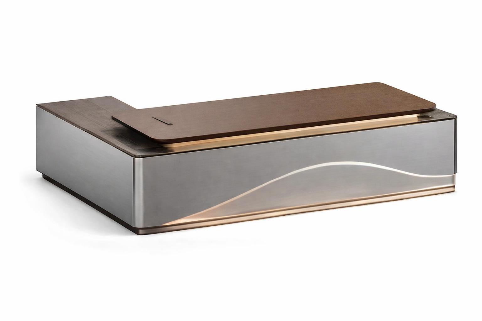 Moderner Schreibtisch aus Edelstahl und Holz mit eleganter Wellenform