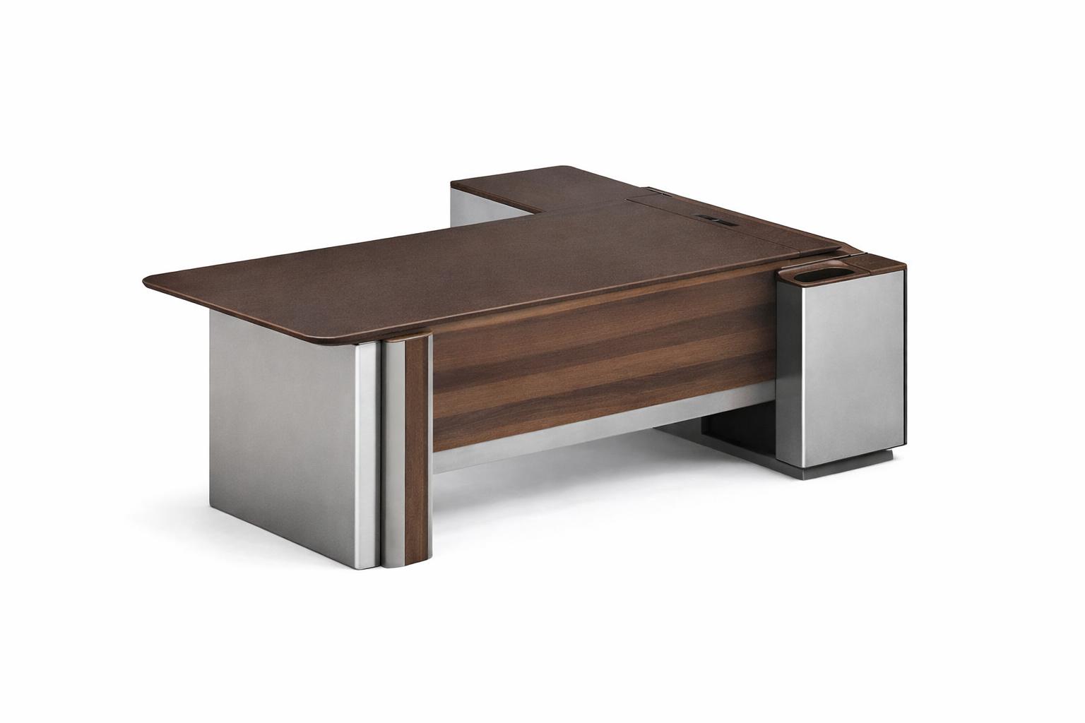 Moderner Schreibtisch aus Holz und Edelstahl mit minimalistischer Form